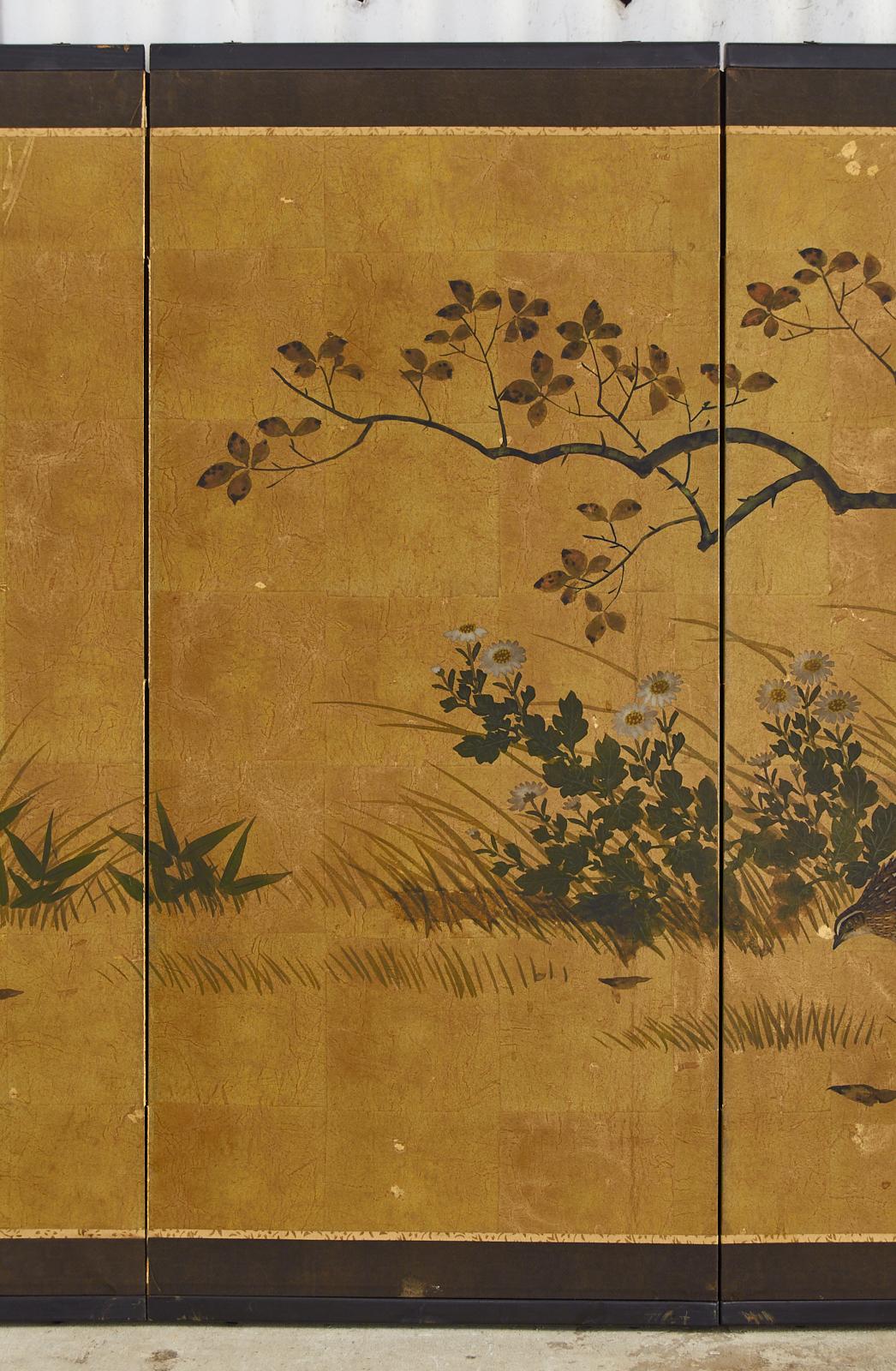 20th Century Japanese Showa Four Panel Screen Autumn Quail Landscape