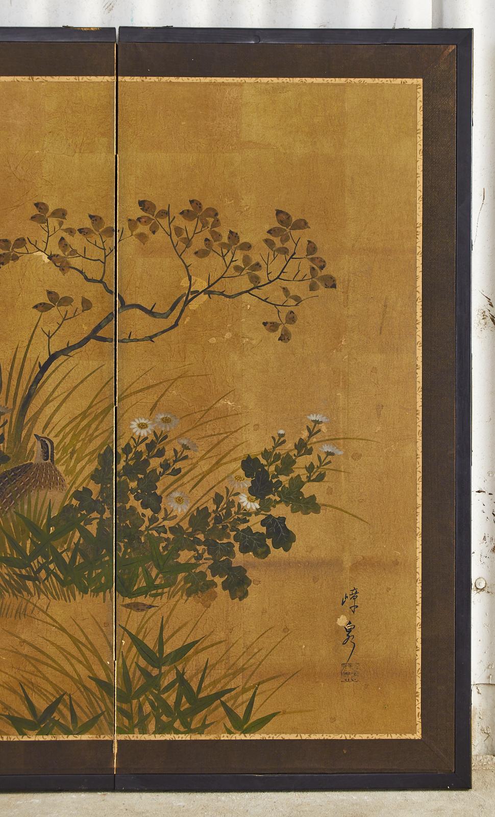 Silk Japanese Showa Four Panel Screen Autumn Quail Landscape