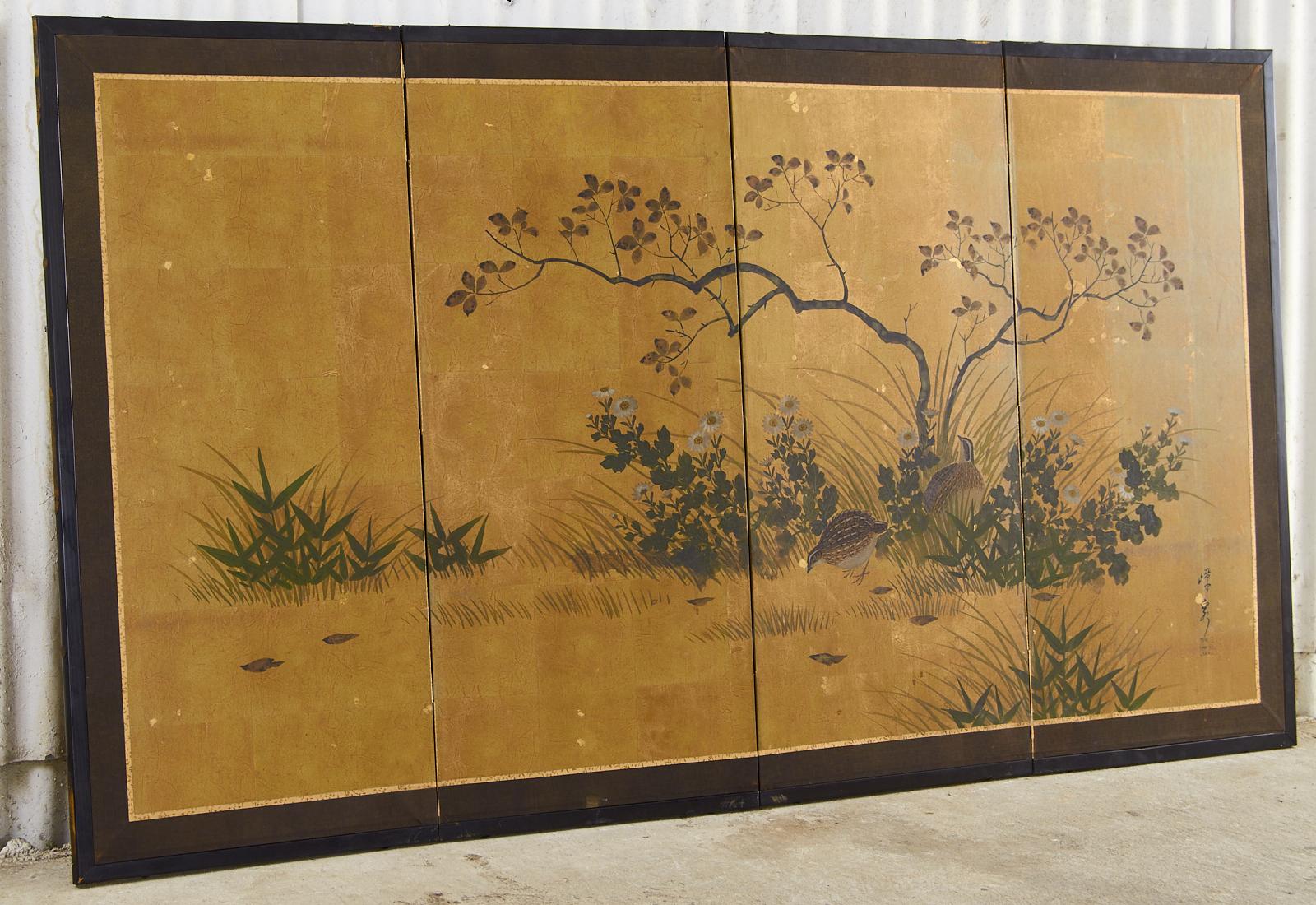 Japanese Showa Four Panel Screen Autumn Quail Landscape 1