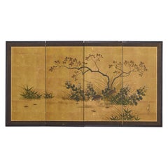 Japanese Showa Four Panel Screen Autumn Quail Landscape