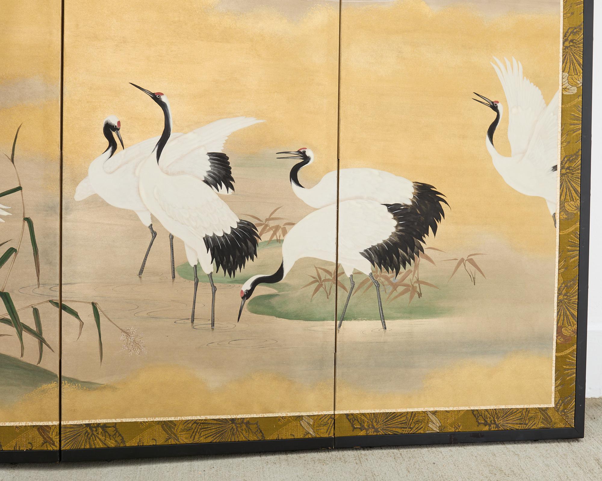 Japanese Showa Four Panel Screen Cranes in Stream 4