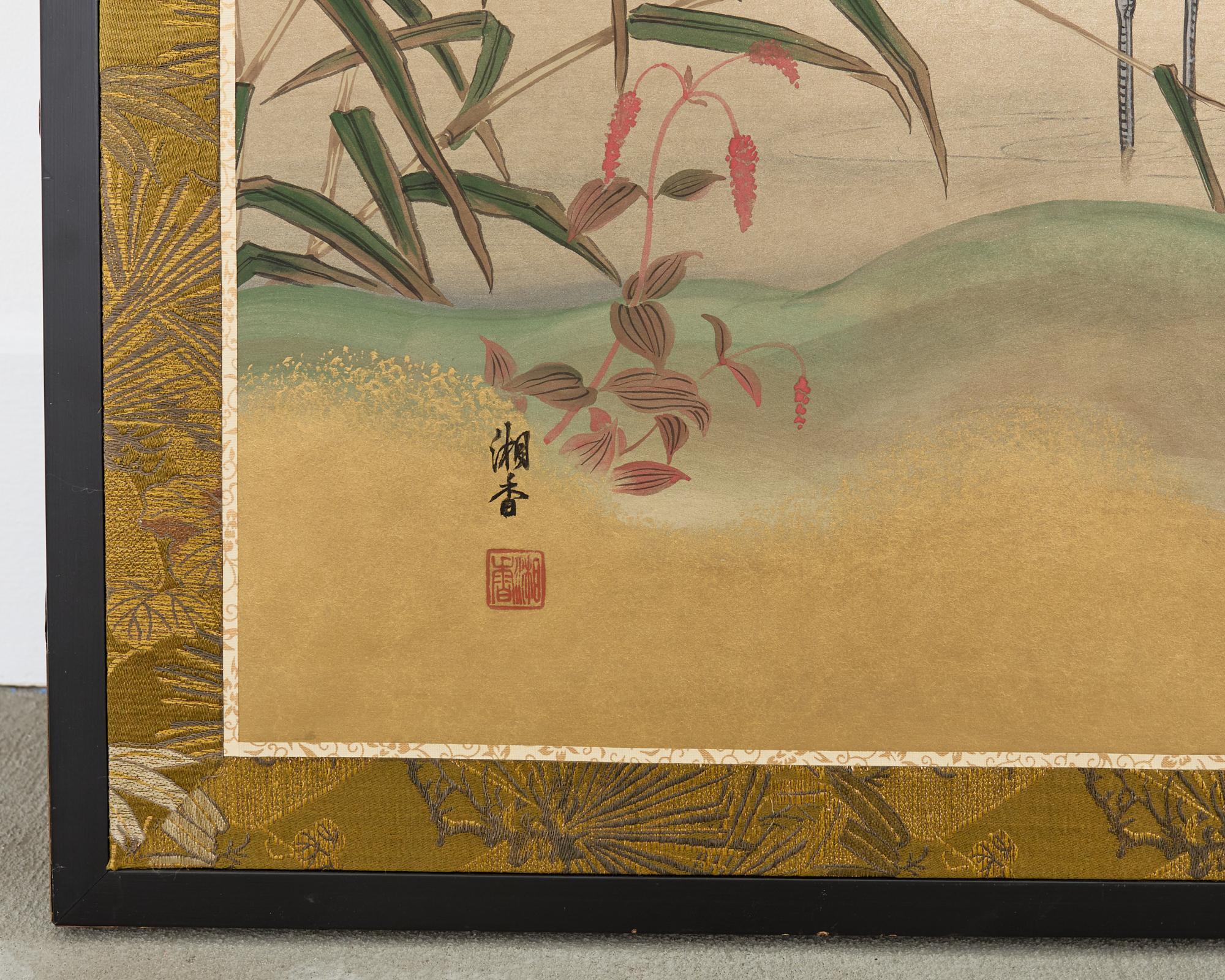 Japanese Showa Four Panel Screen Cranes in Stream 5