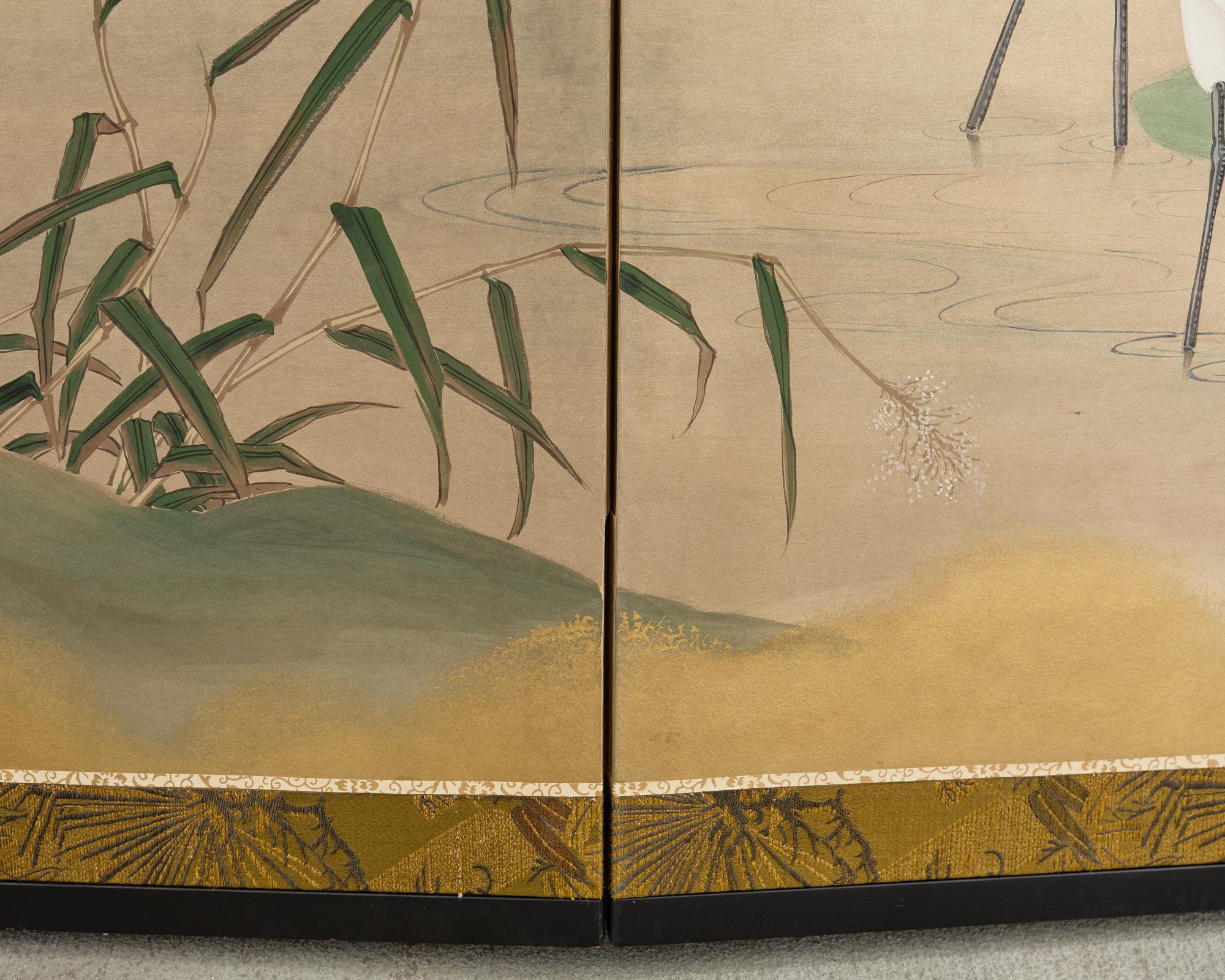 Japanese Showa Four Panel Screen Cranes in Stream 7