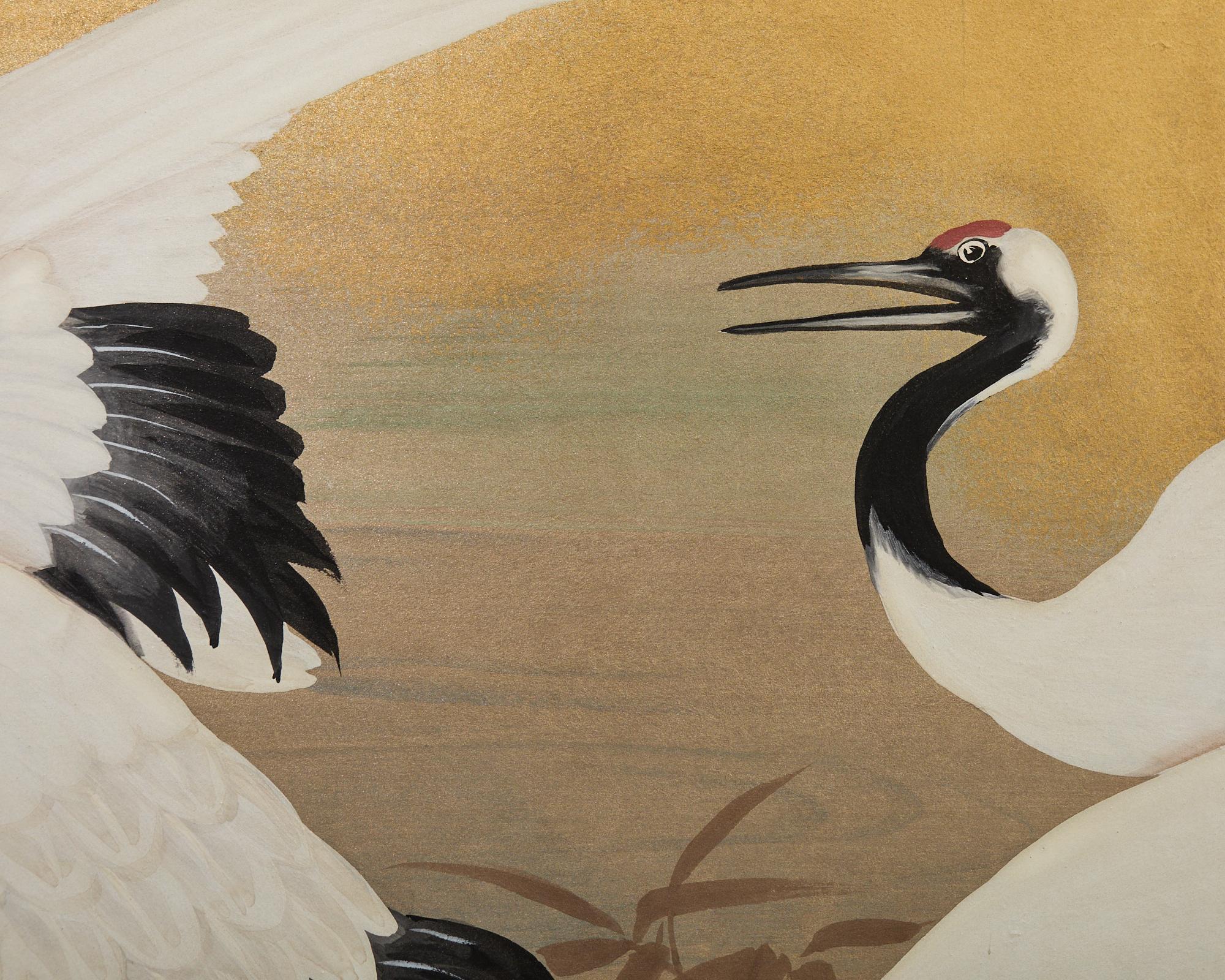 Japanese Showa Four Panel Screen Cranes in Stream 8