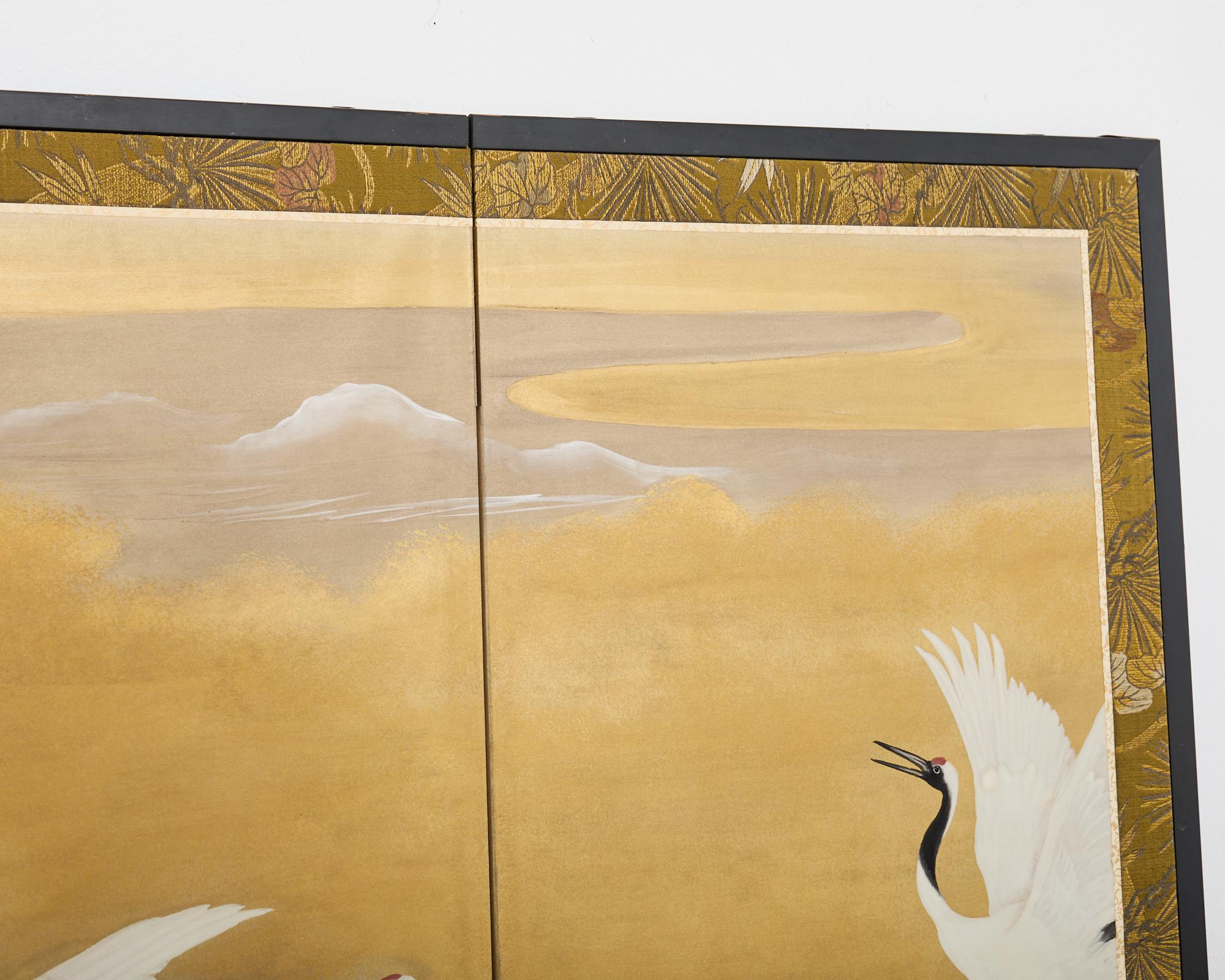 Japanese Showa Four Panel Screen Cranes in Stream 11