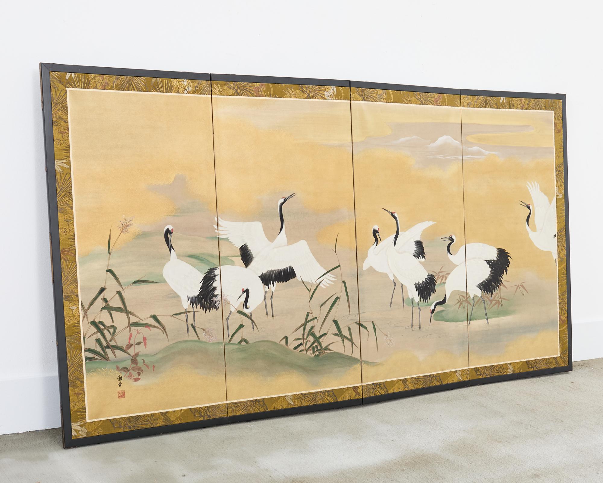 Japanese Showa Four Panel Screen Cranes in Stream 12