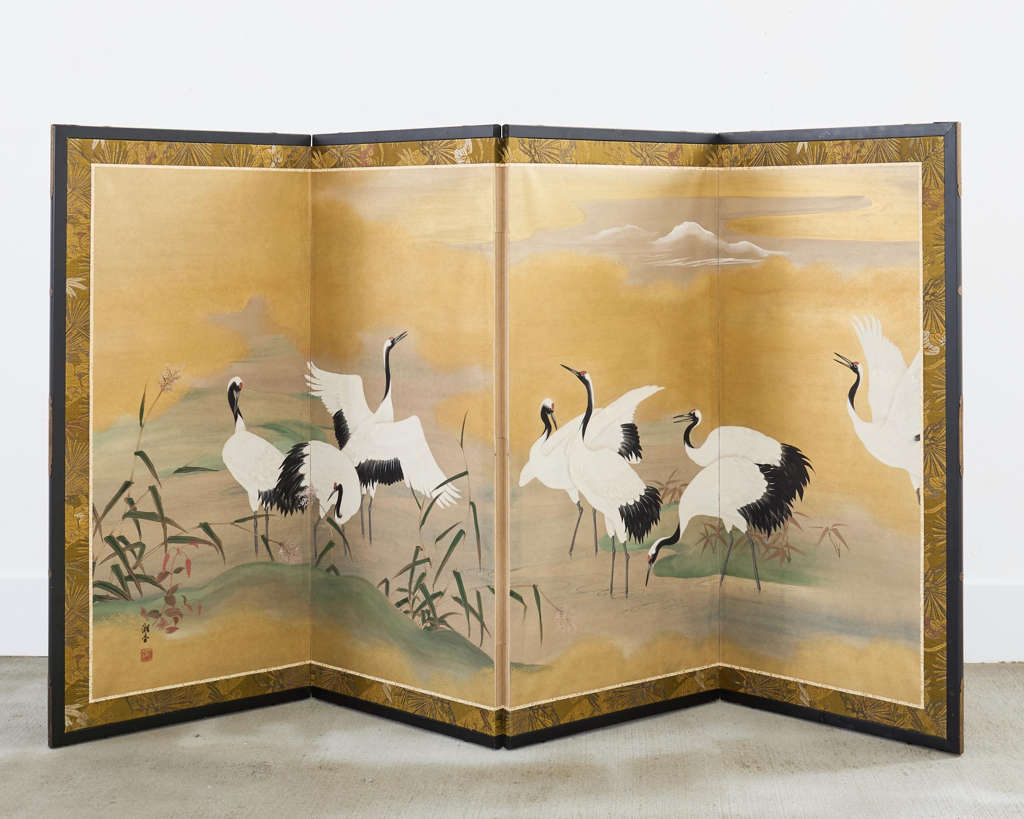 Hand-Crafted Japanese Showa Four Panel Screen Cranes in Stream