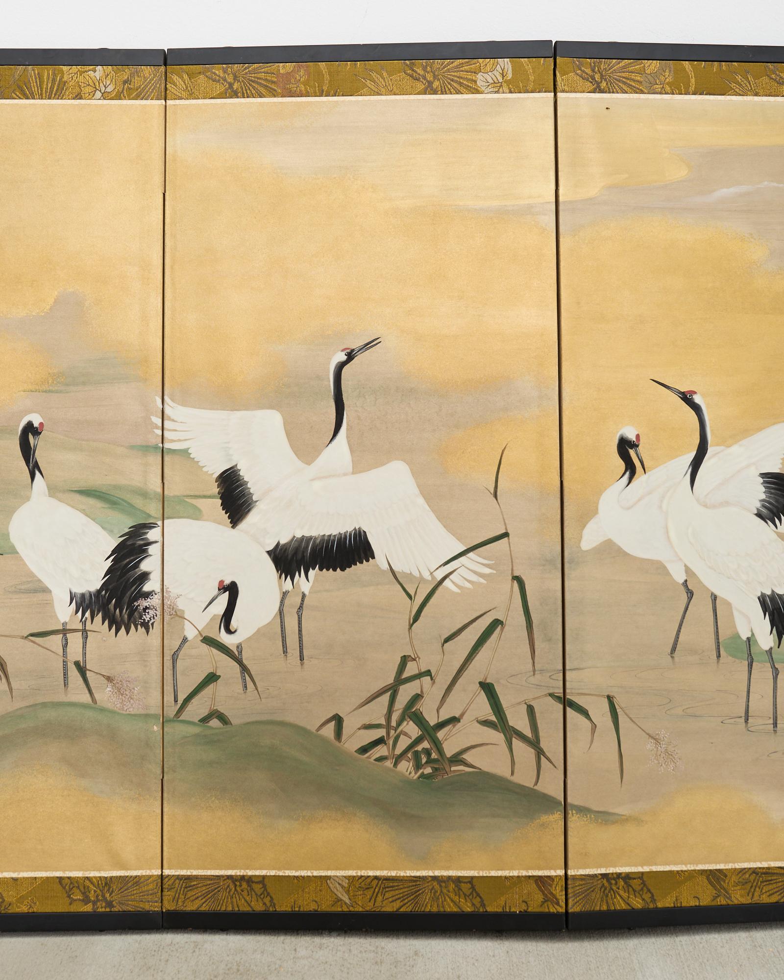 20th Century Japanese Showa Four Panel Screen Cranes in Stream