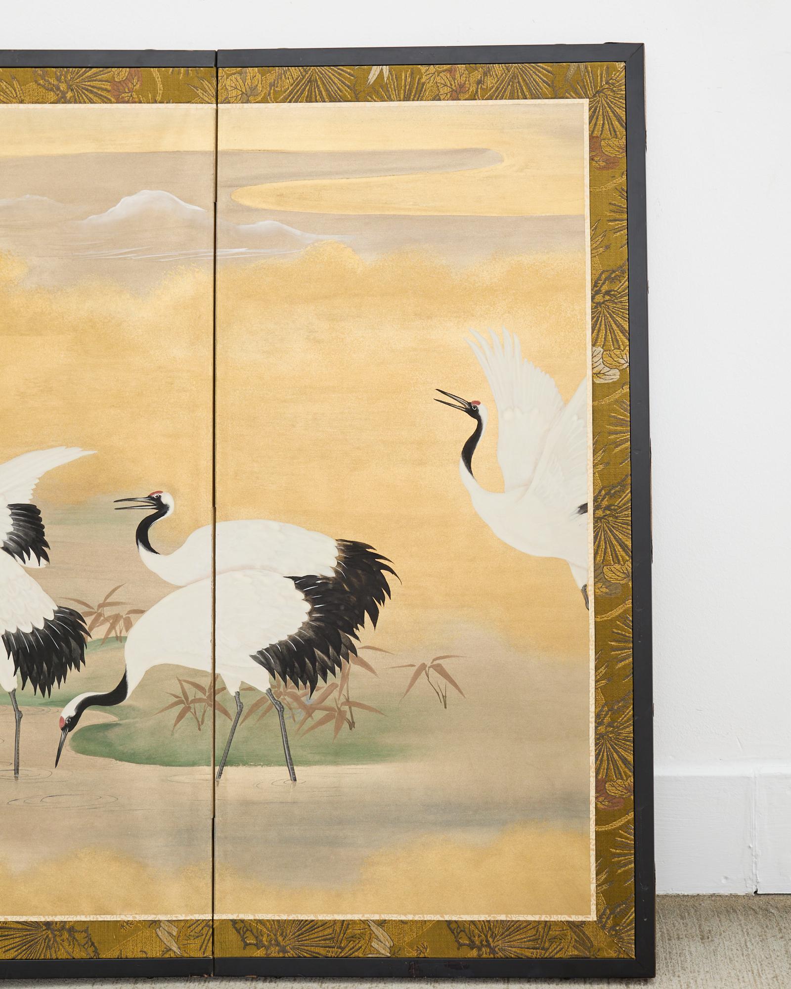 Brass Japanese Showa Four Panel Screen Cranes in Stream