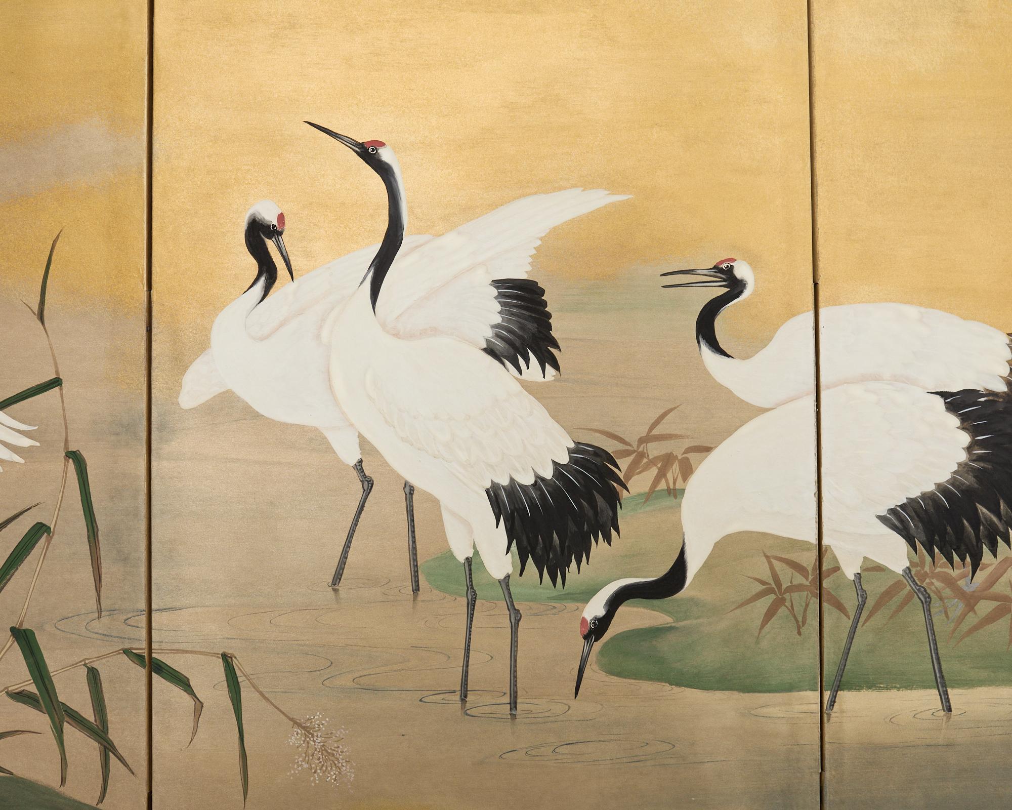 Japanese Showa Four Panel Screen Cranes in Stream 1