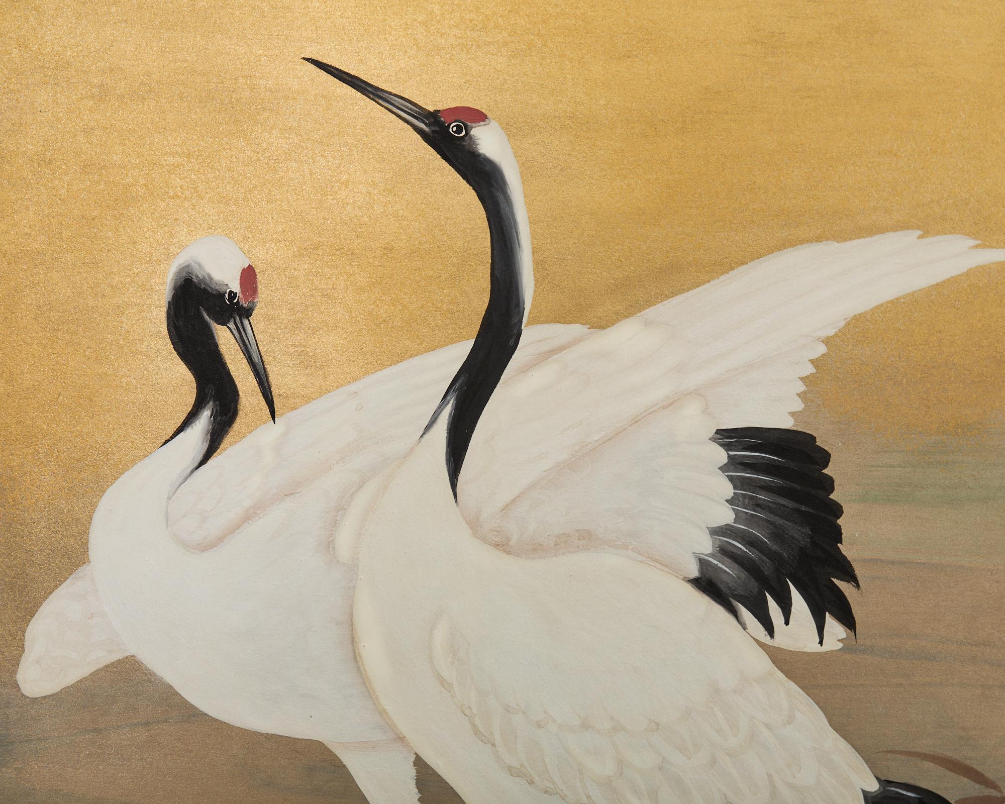 Japanese Showa Four Panel Screen Cranes in Stream 2