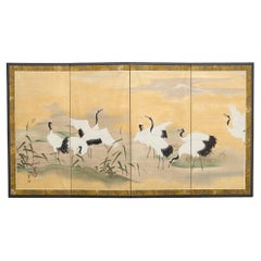 Japanese Showa Four Panel Screen Cranes in Stream