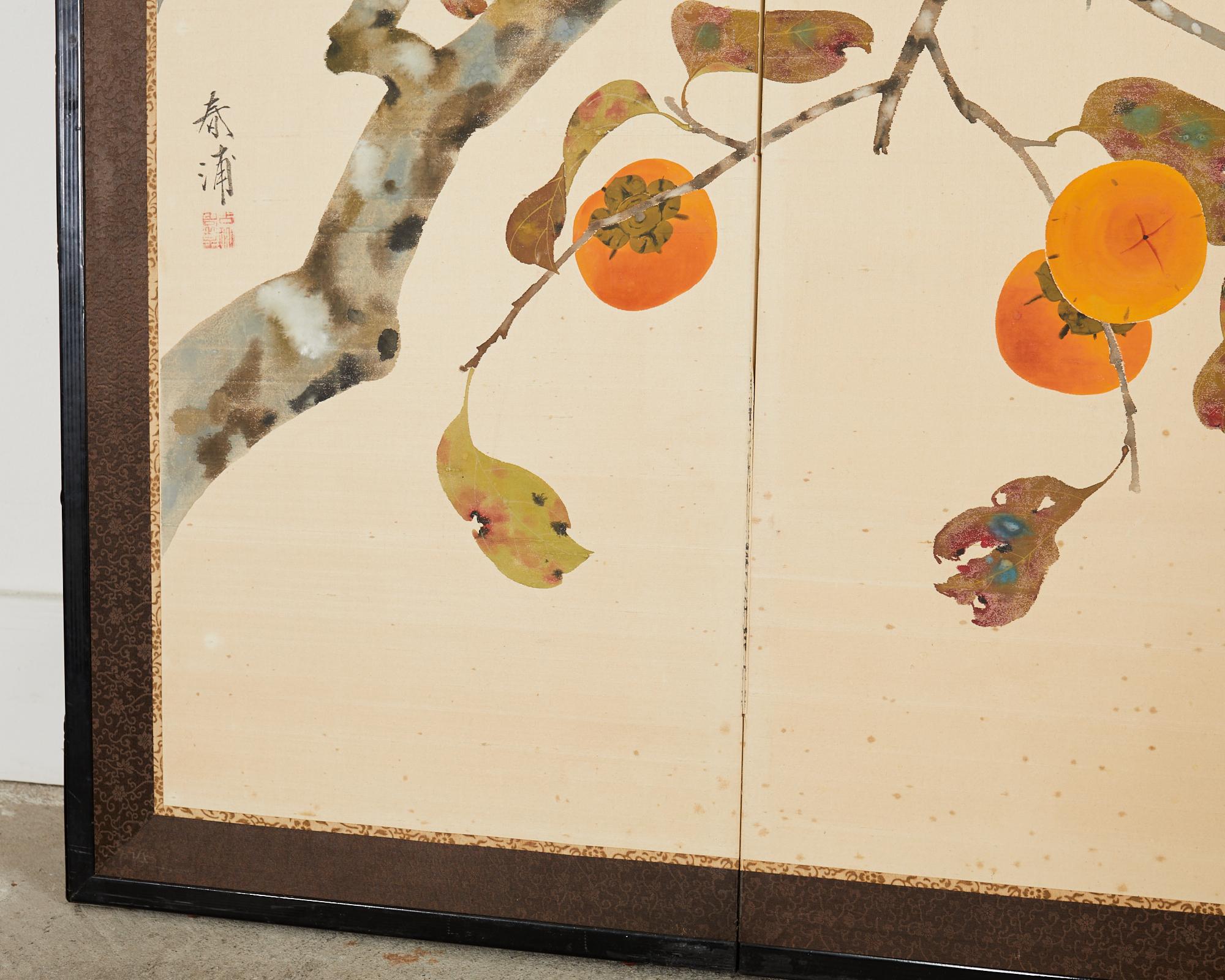 Japanese Showa Four Panel Screen Fall Persimmon Tree For Sale 7