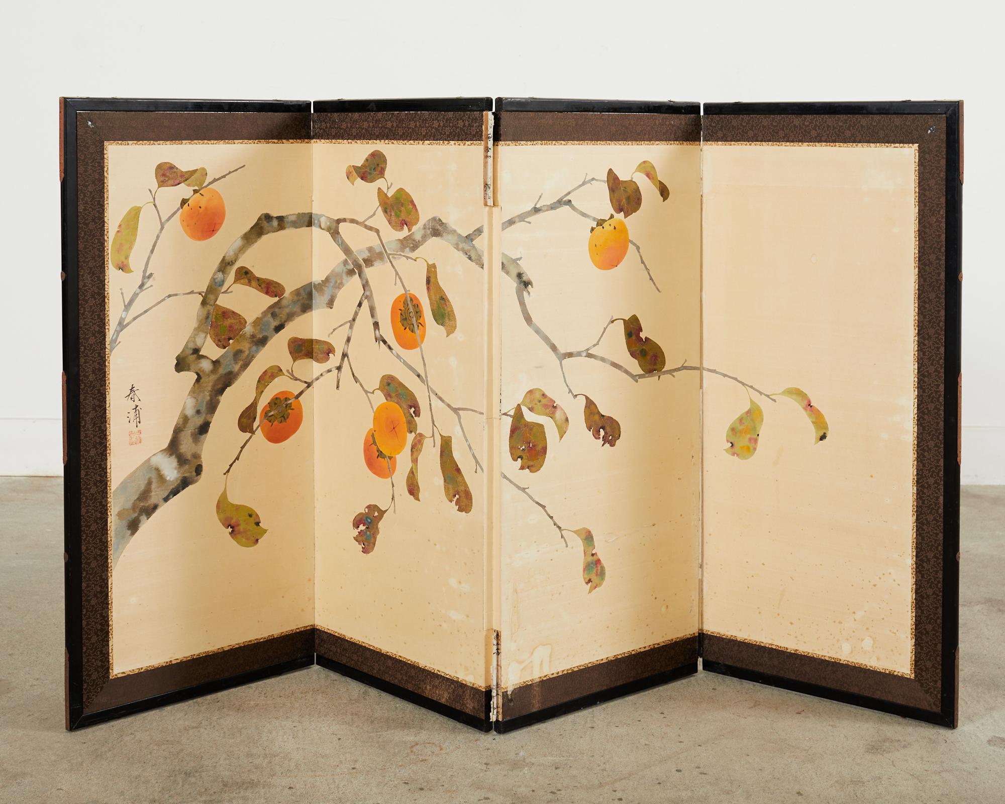 Japanese Showa Four Panel Screen Fall Persimmon Tree For Sale 11