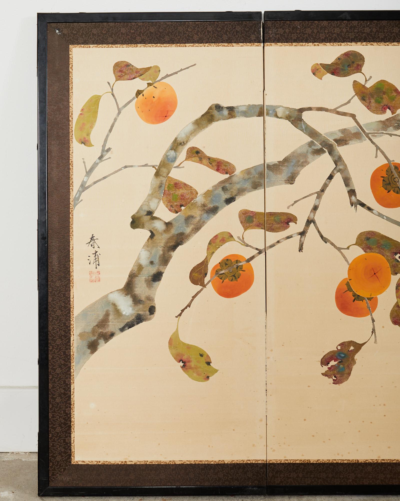 Hand-Crafted Japanese Showa Four Panel Screen Fall Persimmon Tree