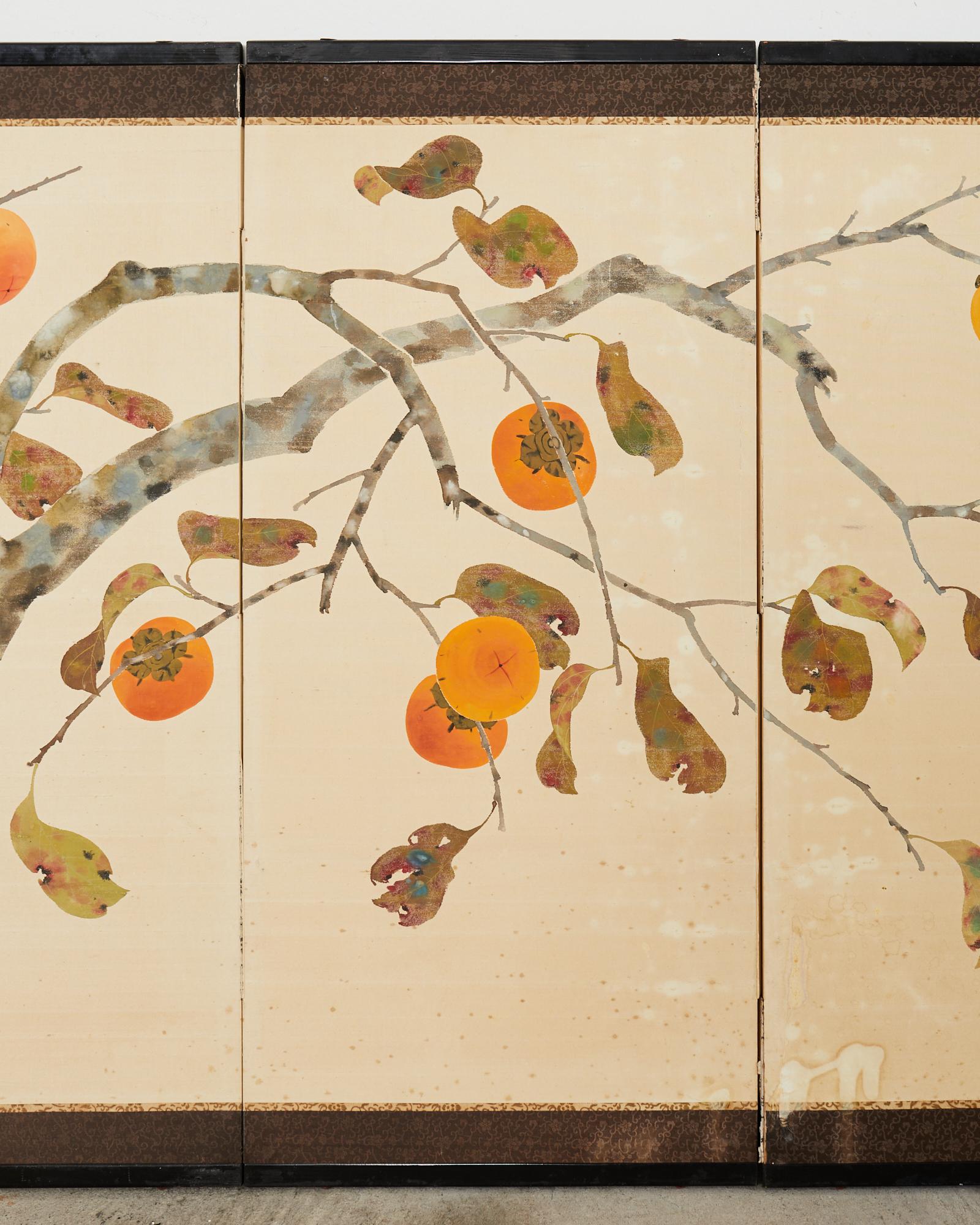 Japanese Showa Four Panel Screen Fall Persimmon Tree In Distressed Condition For Sale In Rio Vista, CA