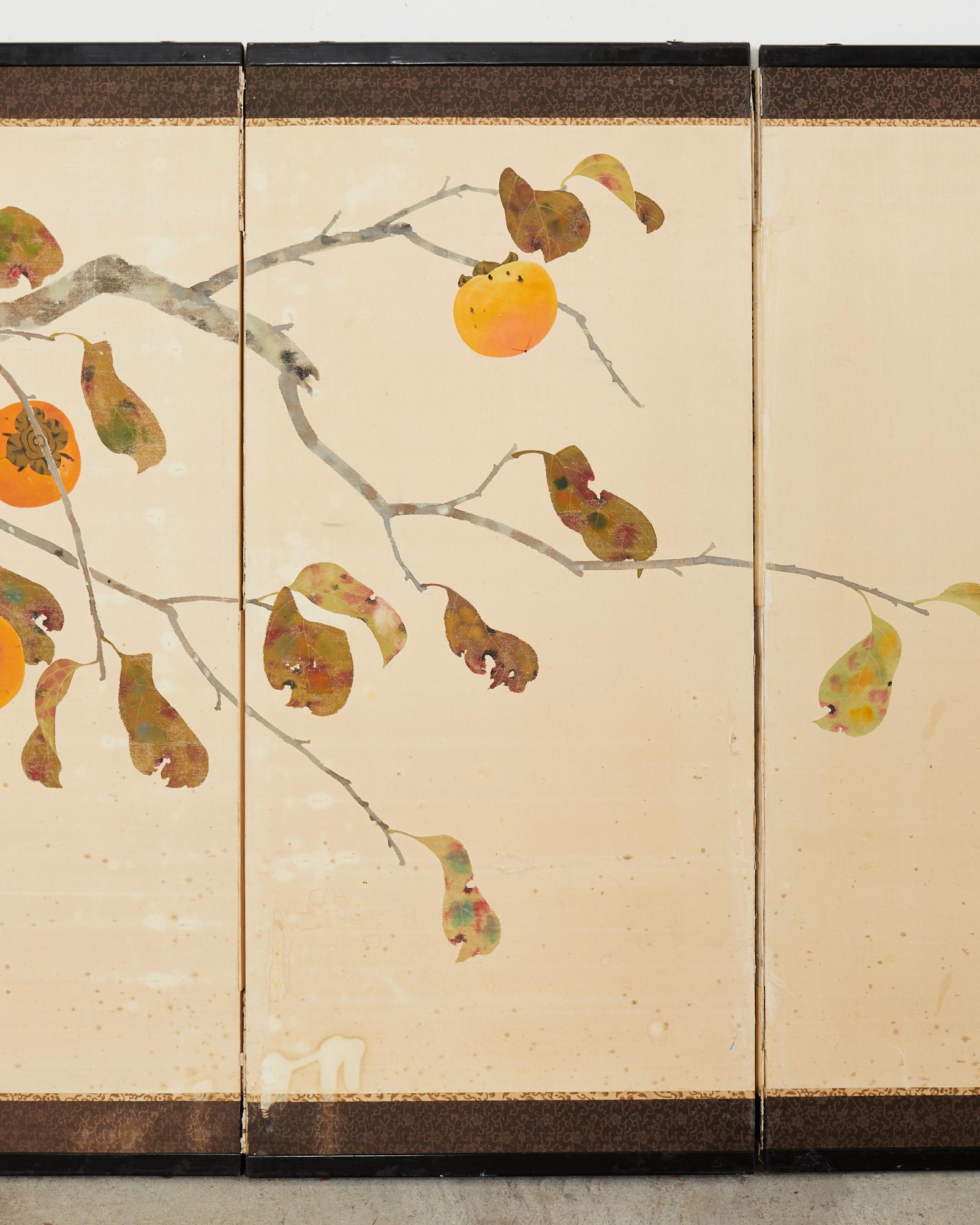 20th Century Japanese Showa Four Panel Screen Fall Persimmon Tree