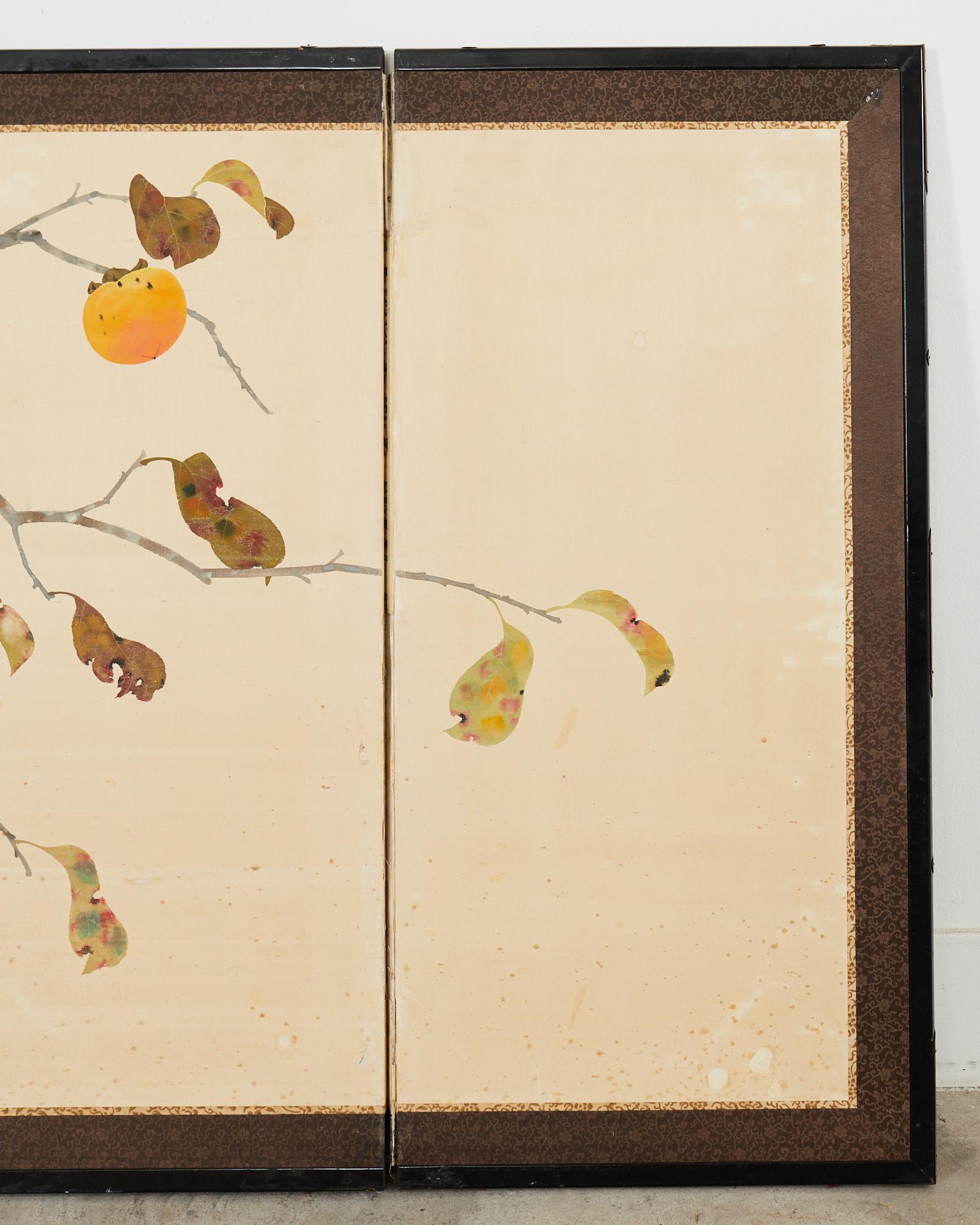 Brass Japanese Showa Four Panel Screen Fall Persimmon Tree