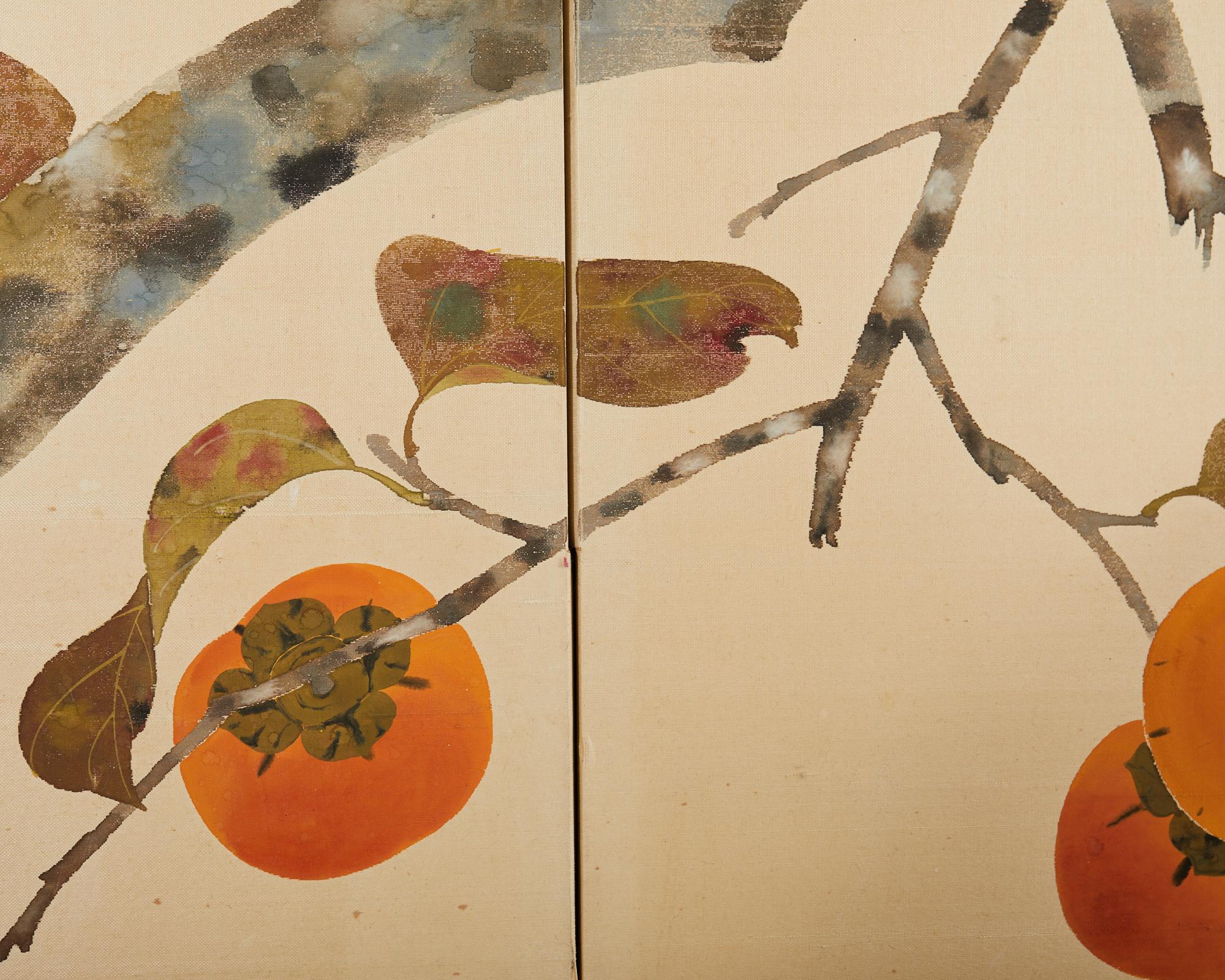 Japanese Showa Four Panel Screen Fall Persimmon Tree For Sale 2