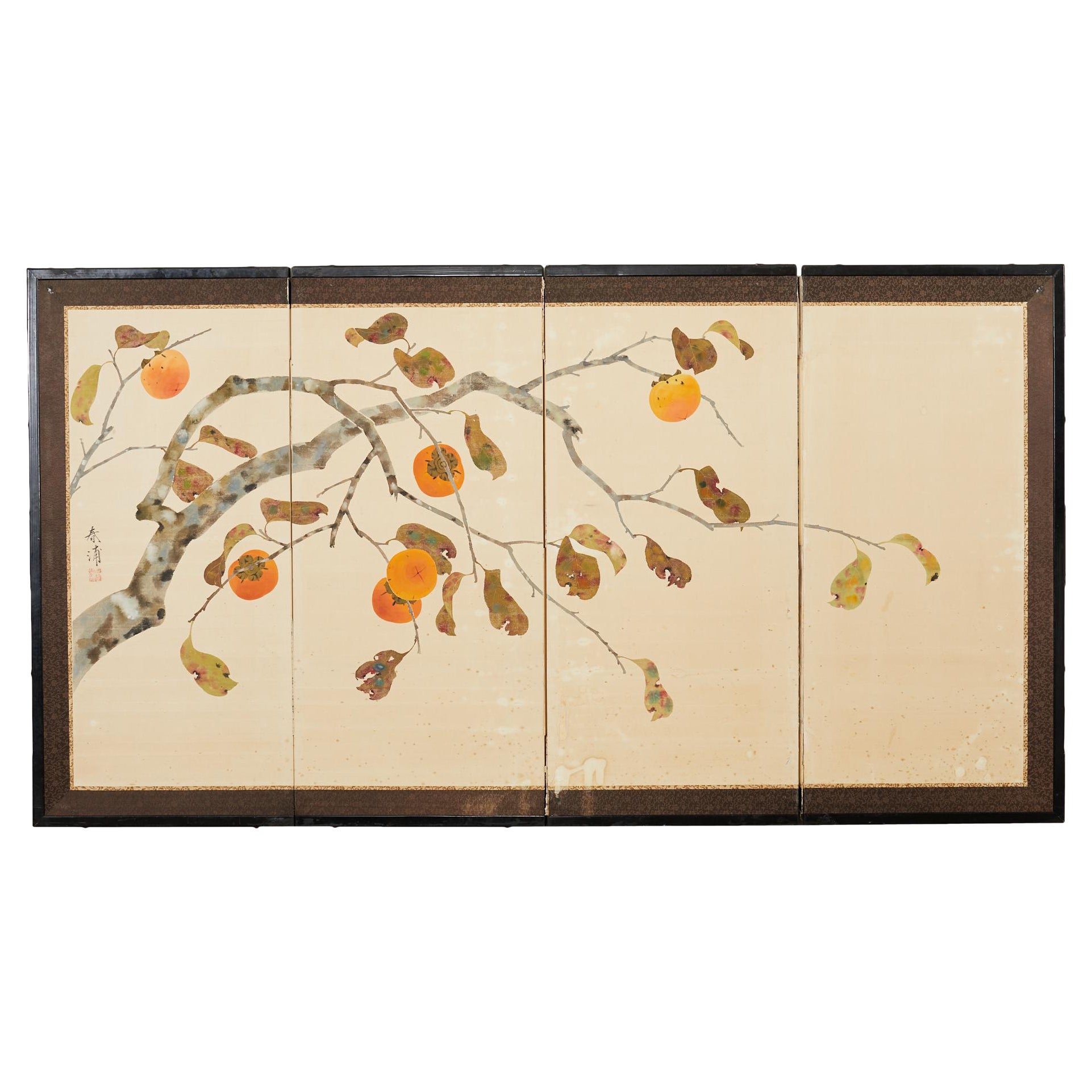 Japanese Showa Four Panel Screen Fall Persimmon Tree