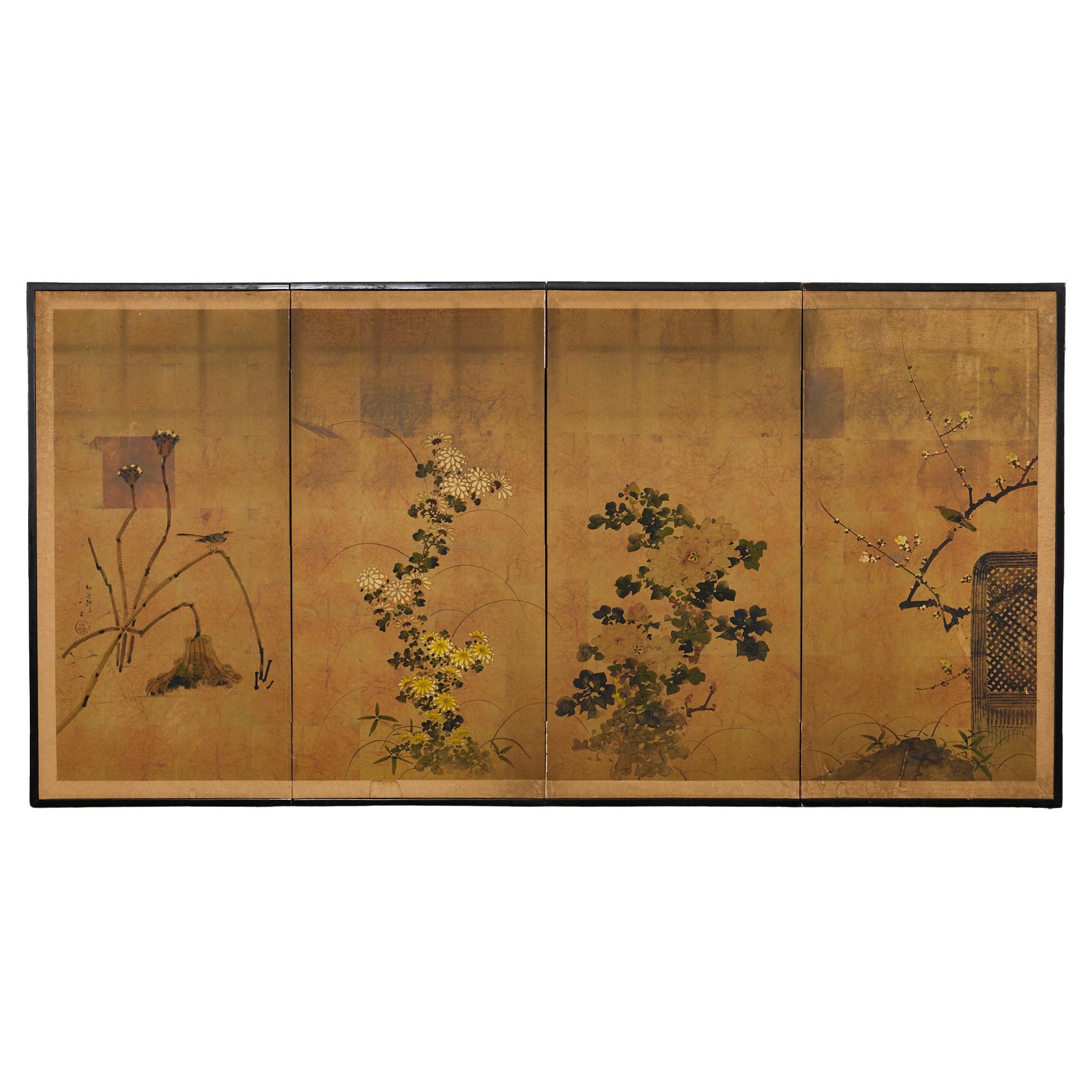 Japanese Showa Four Panel Screen Floral Landscape with Songbirds