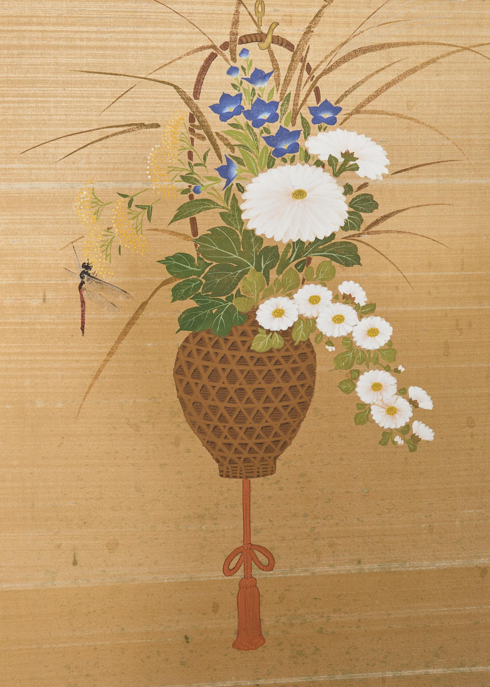 Japanese Showa Four Panel Screen Flower Vases on Silk For Sale 4