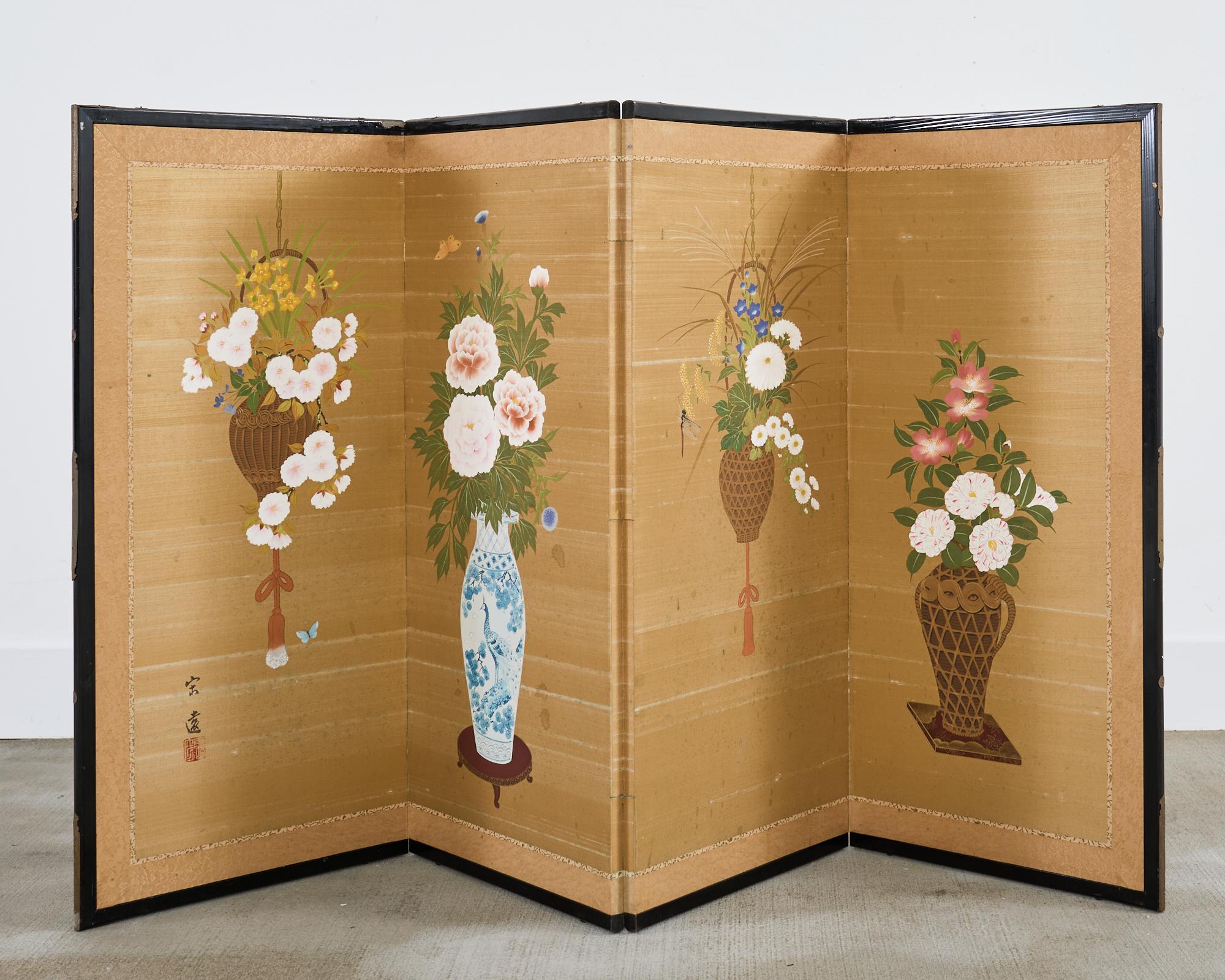Japanese Showa Four Panel Screen Flower Vases on Silk For Sale 5