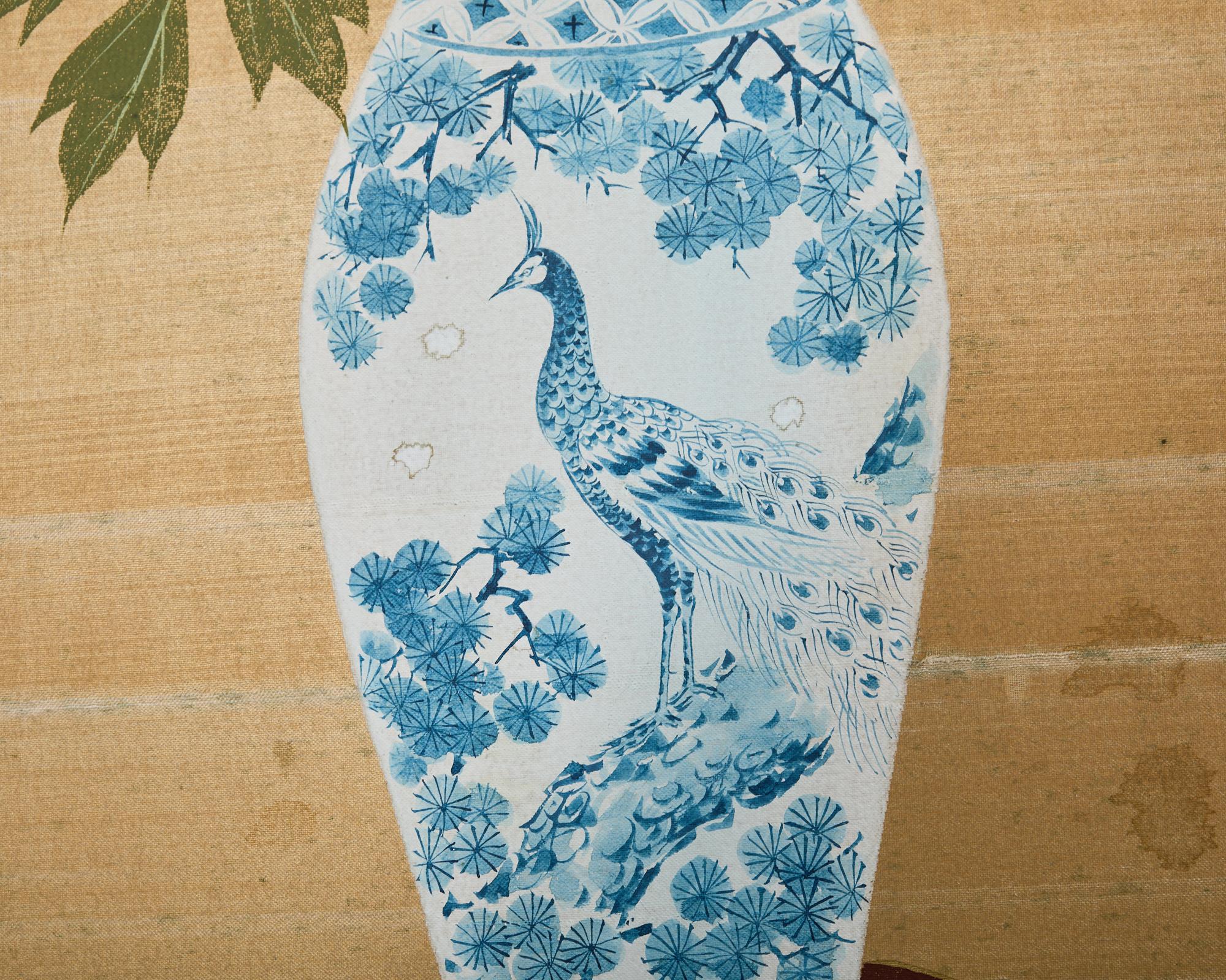 Japanese Showa Four Panel Screen Flower Vases on Silk For Sale 7
