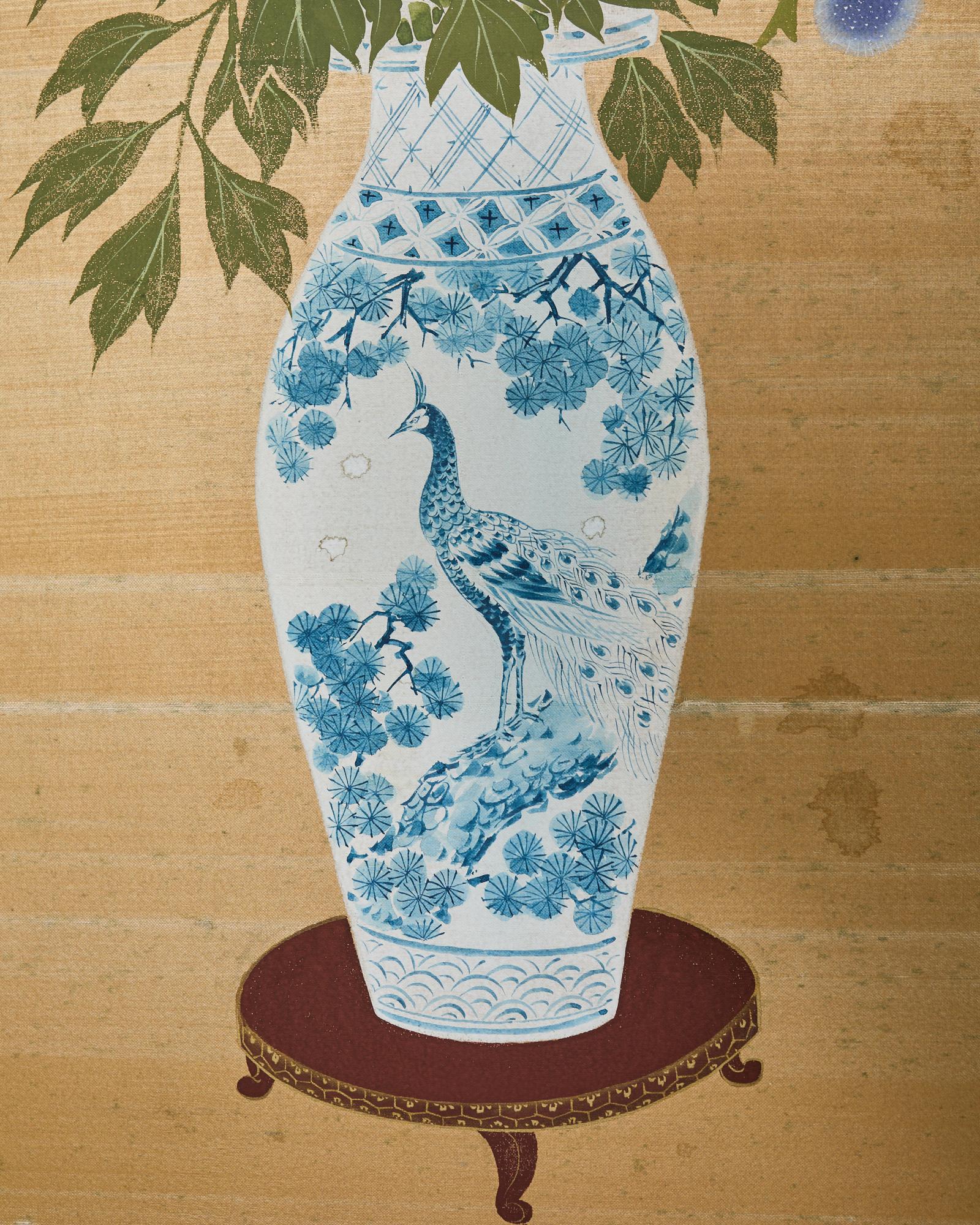 Japanese Showa Four Panel Screen Flower Vases on Silk For Sale 8