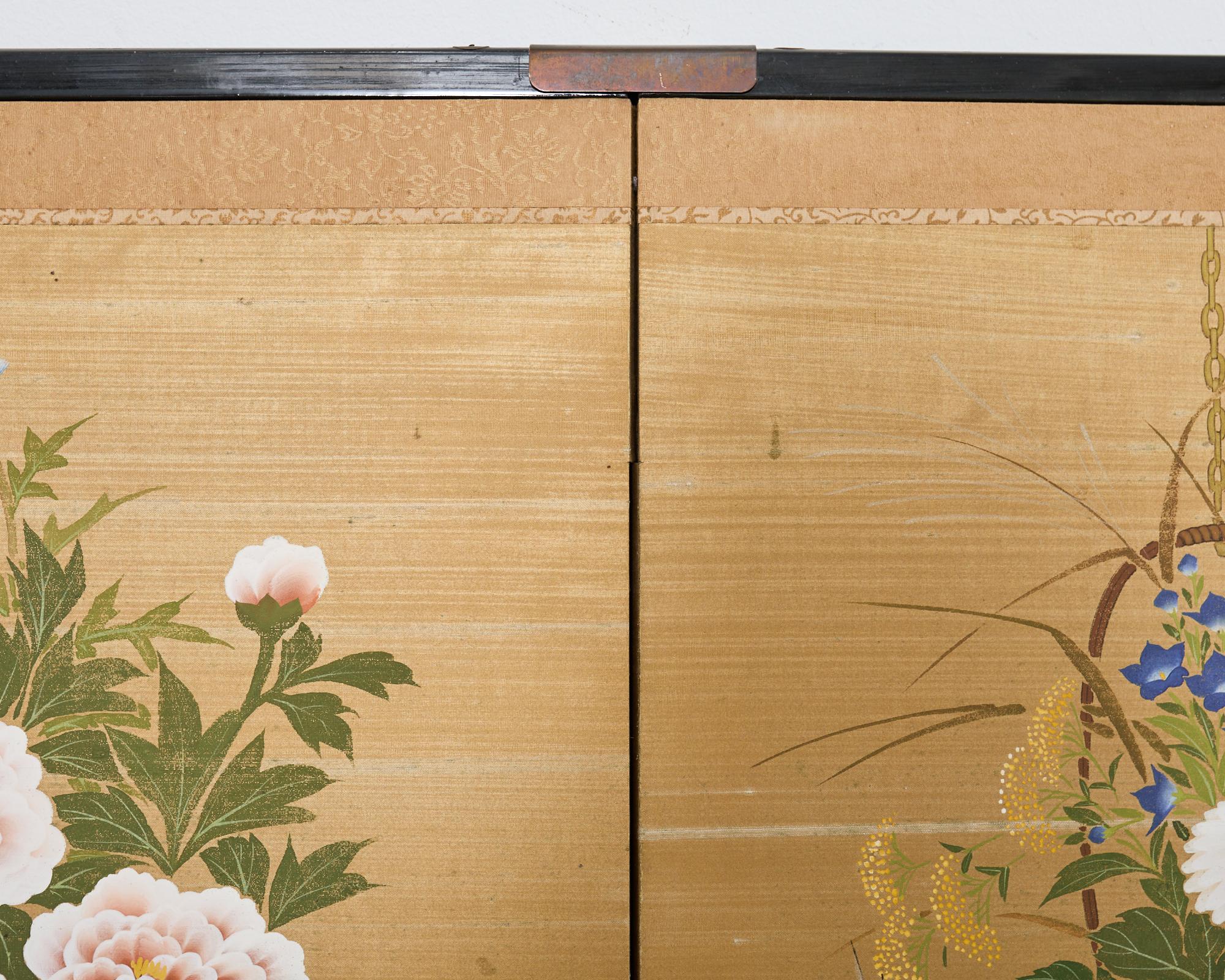 Japanese Showa Four Panel Screen Flower Vases on Silk For Sale 9