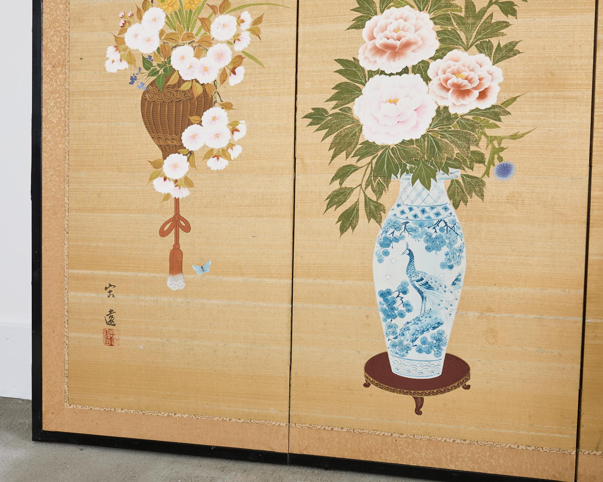 Japanese Showa Four Panel Screen Flower Vases on Silk For Sale 11