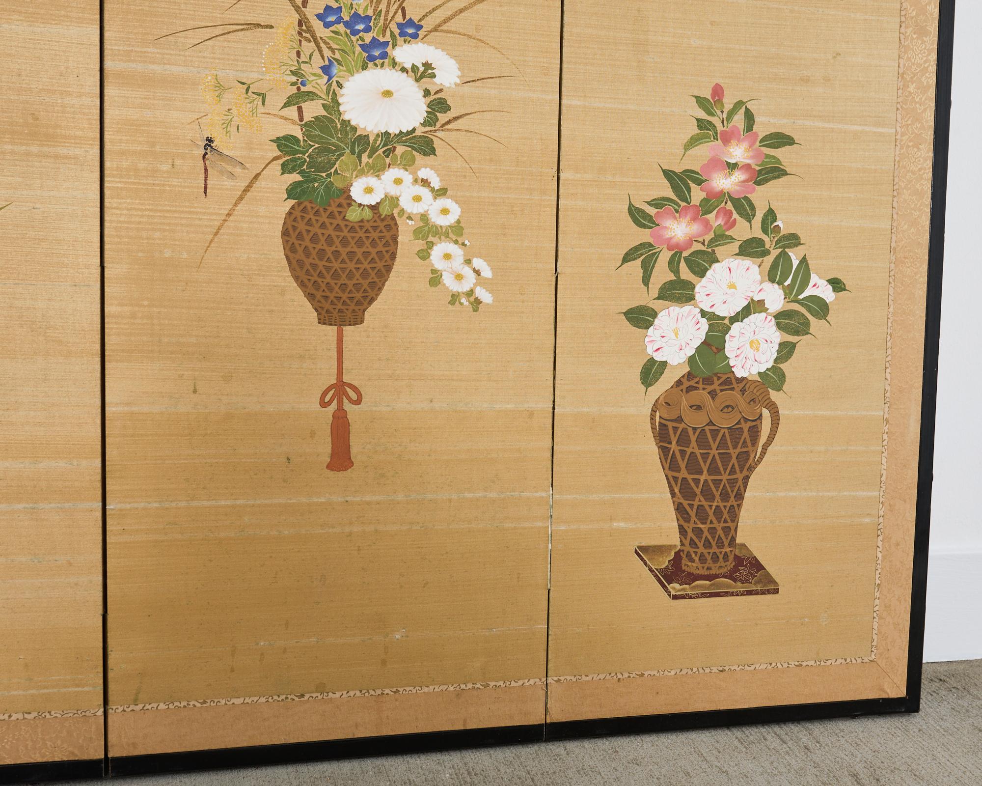 Japanese Showa Four Panel Screen Flower Vases on Silk For Sale 12