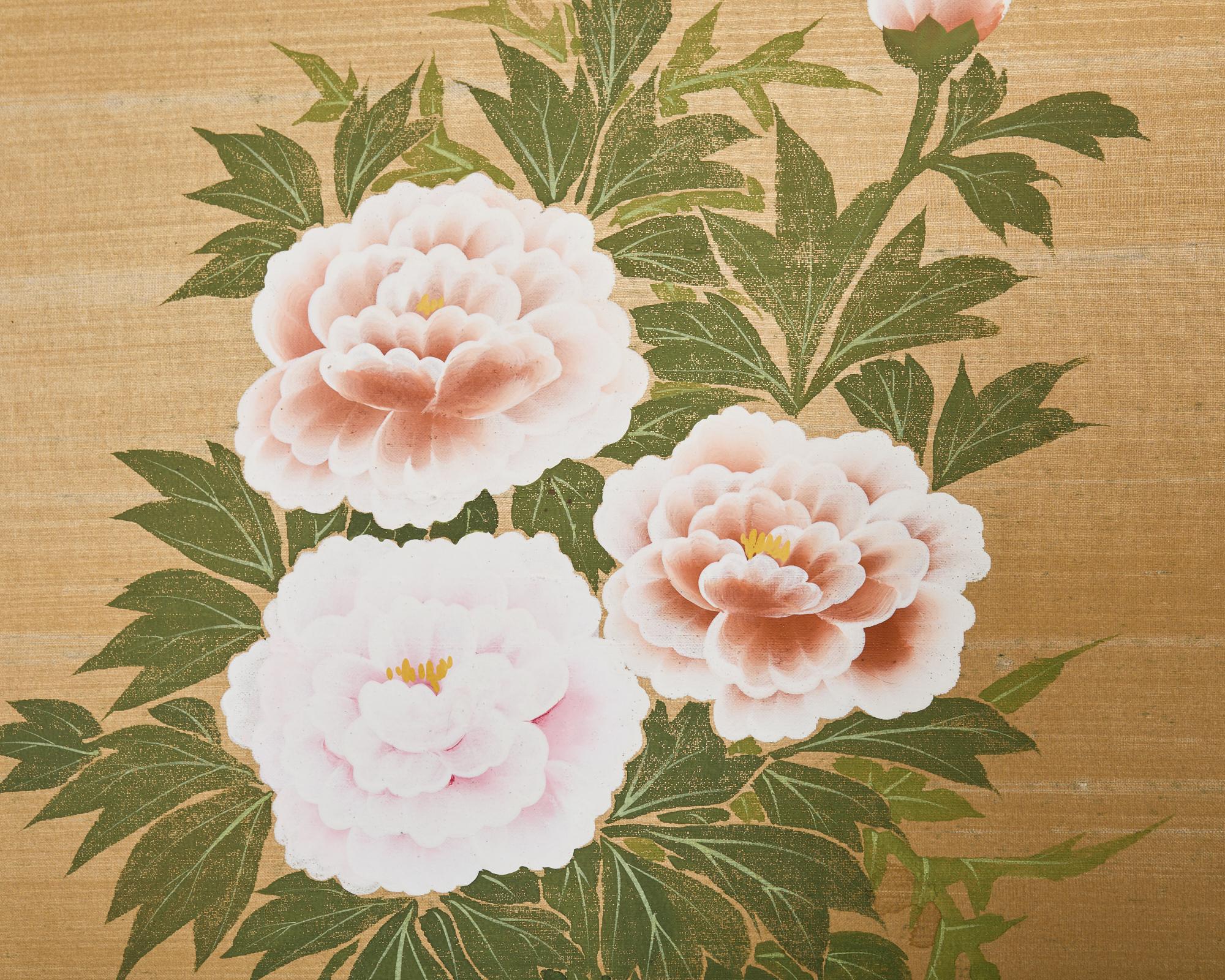 Brass Japanese Showa Four Panel Screen Flower Vases on Silk For Sale