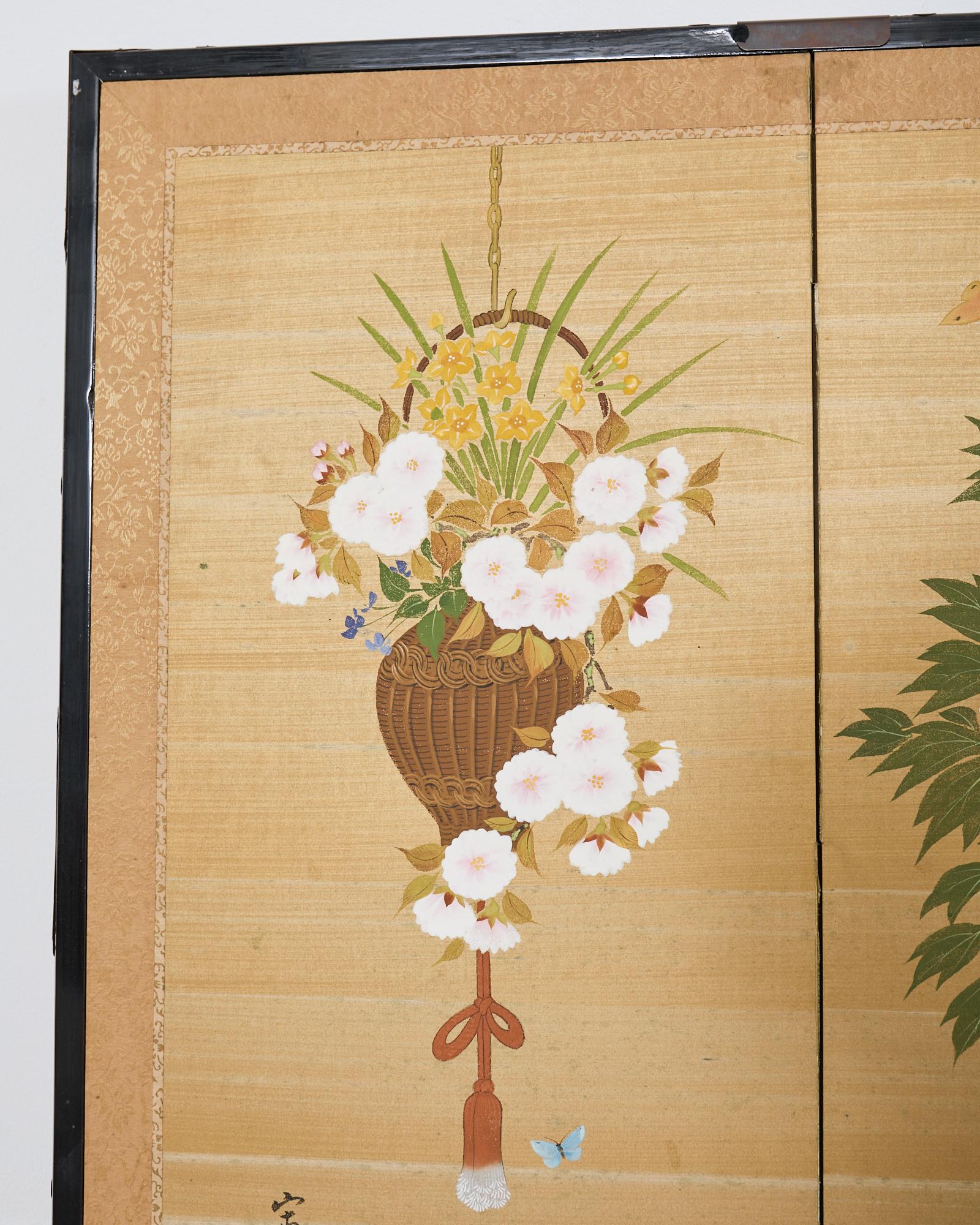 Japanese Showa Four Panel Screen Flower Vases on Silk For Sale 2