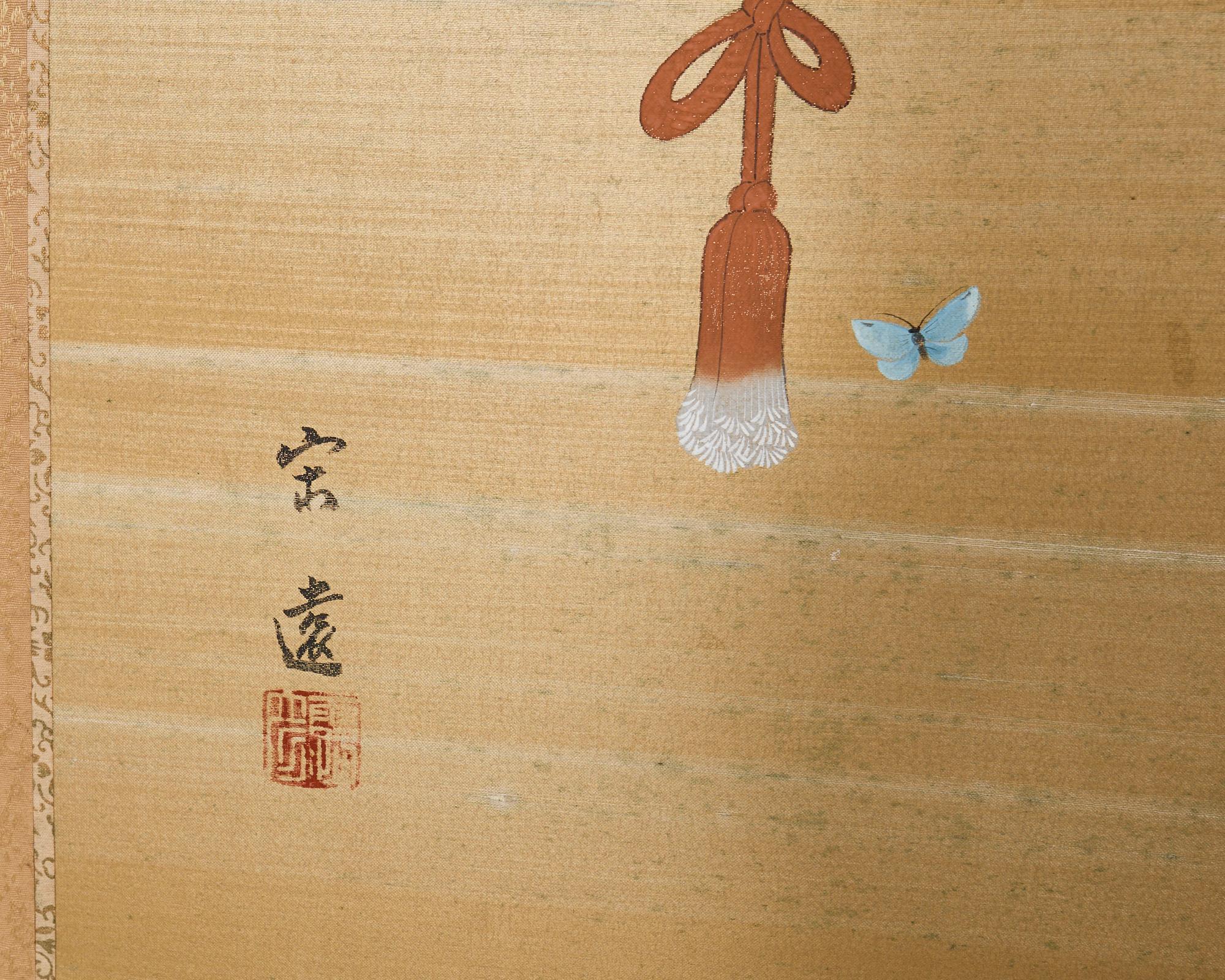 Japanese Showa Four Panel Screen Flower Vases on Silk For Sale 3
