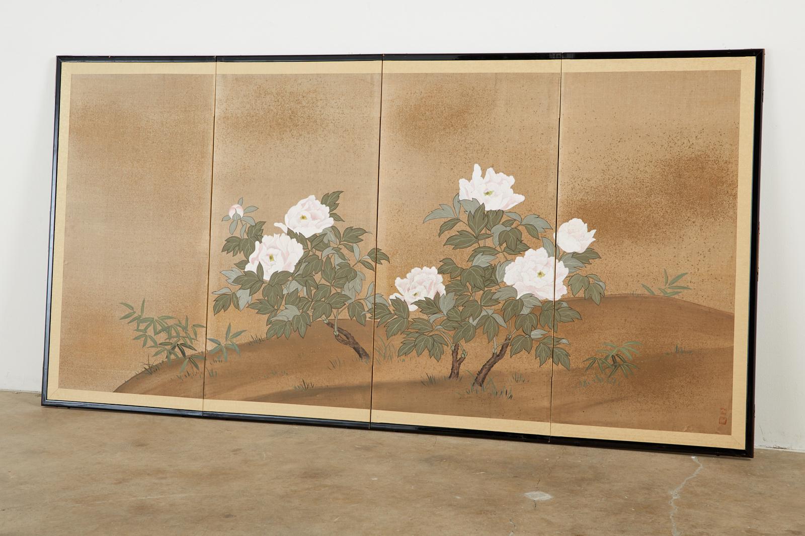 Japanese Showa Four-Panel Screen Flowering Peonies 7
