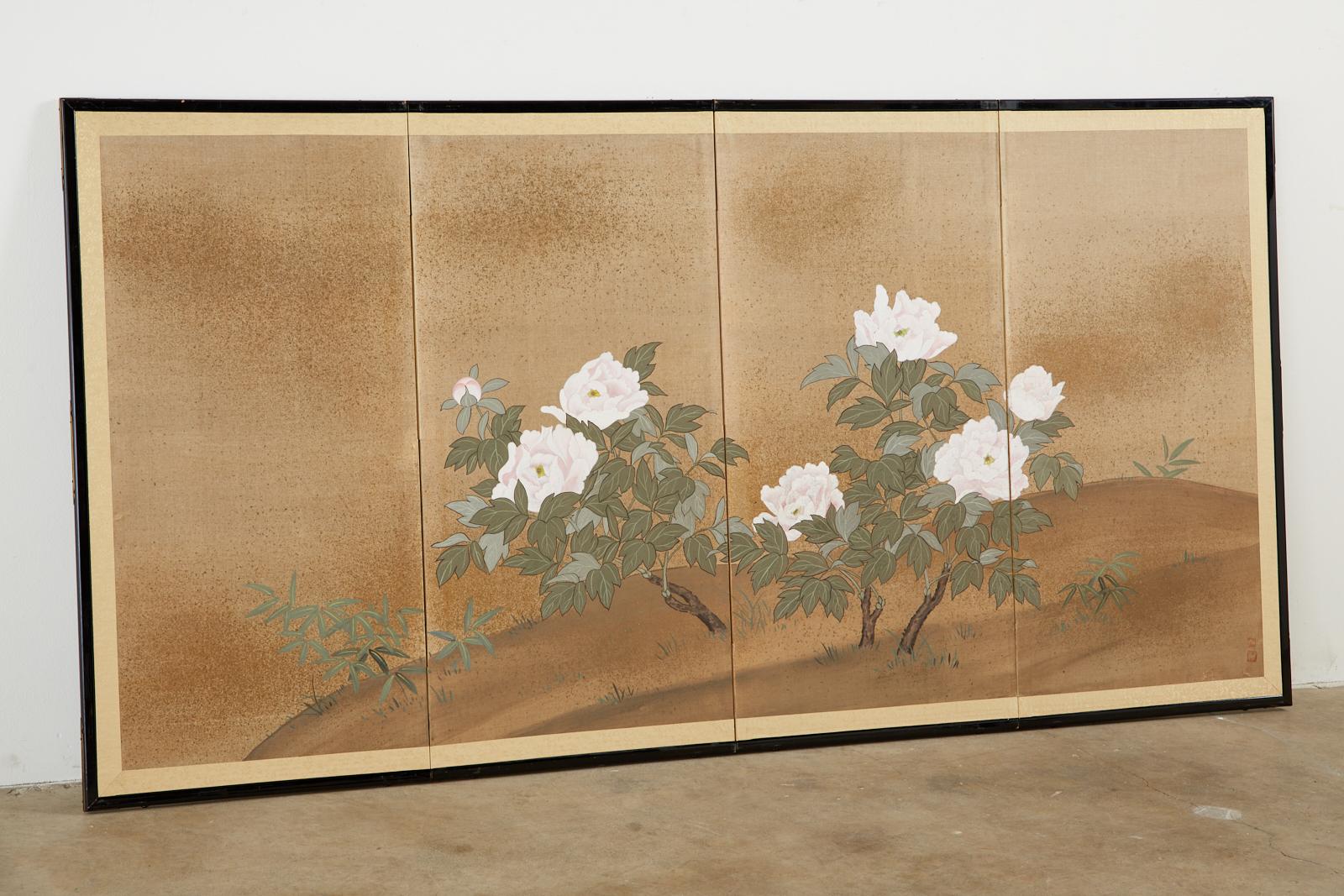 Japanese Showa Four-Panel Screen Flowering Peonies 8