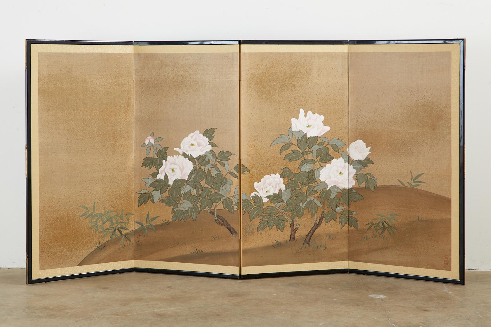 Chinese Japanese Showa Four-Panel Screen Flowering Peonies