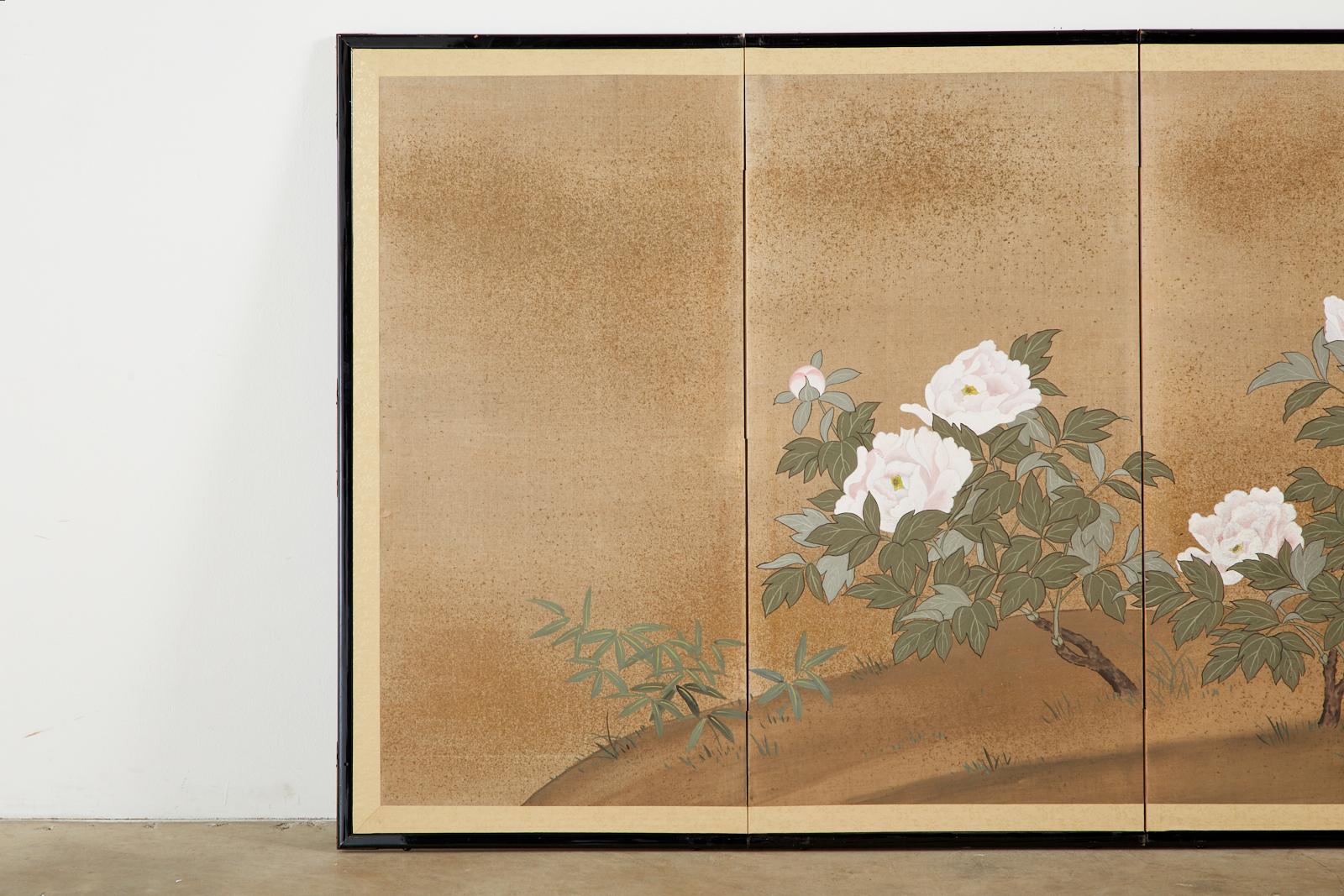 Hand-Crafted Japanese Showa Four-Panel Screen Flowering Peonies