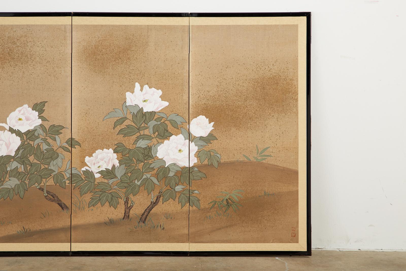 Japanese Showa Four-Panel Screen Flowering Peonies In Good Condition In Rio Vista, CA