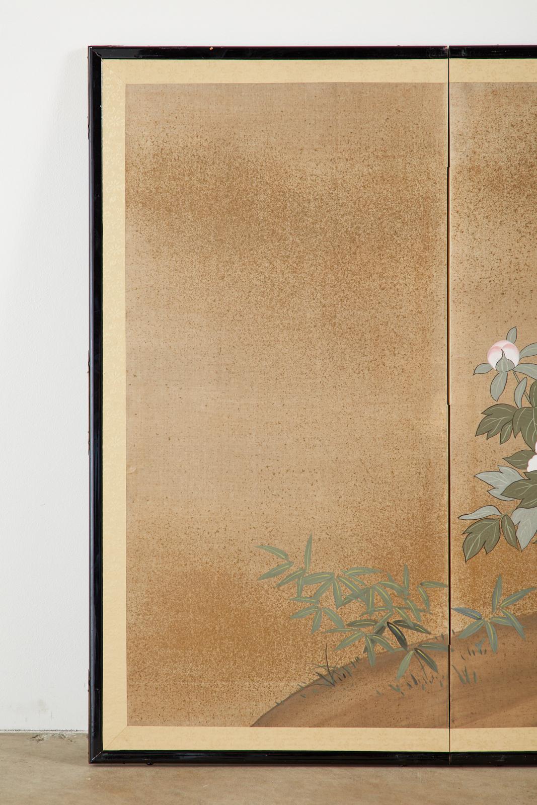20th Century Japanese Showa Four-Panel Screen Flowering Peonies