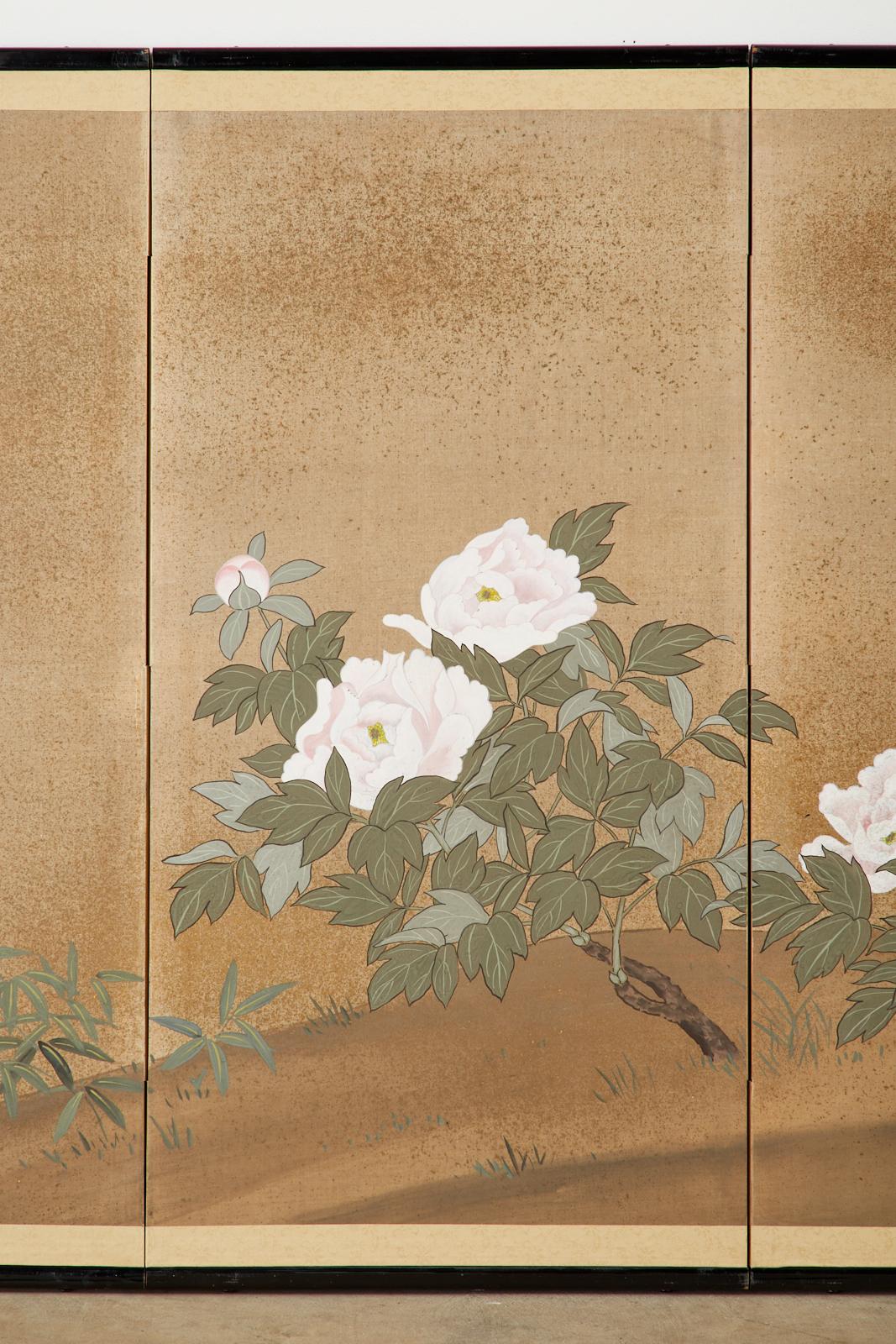 Brass Japanese Showa Four-Panel Screen Flowering Peonies