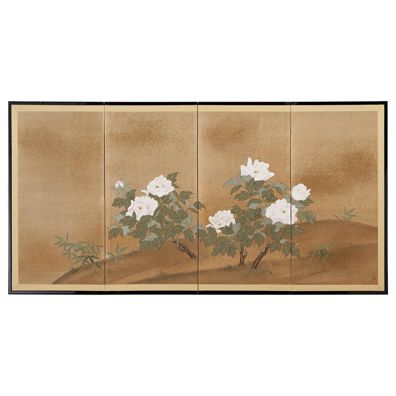 Japanese Showa Four-Panel Screen Flowering Peonies