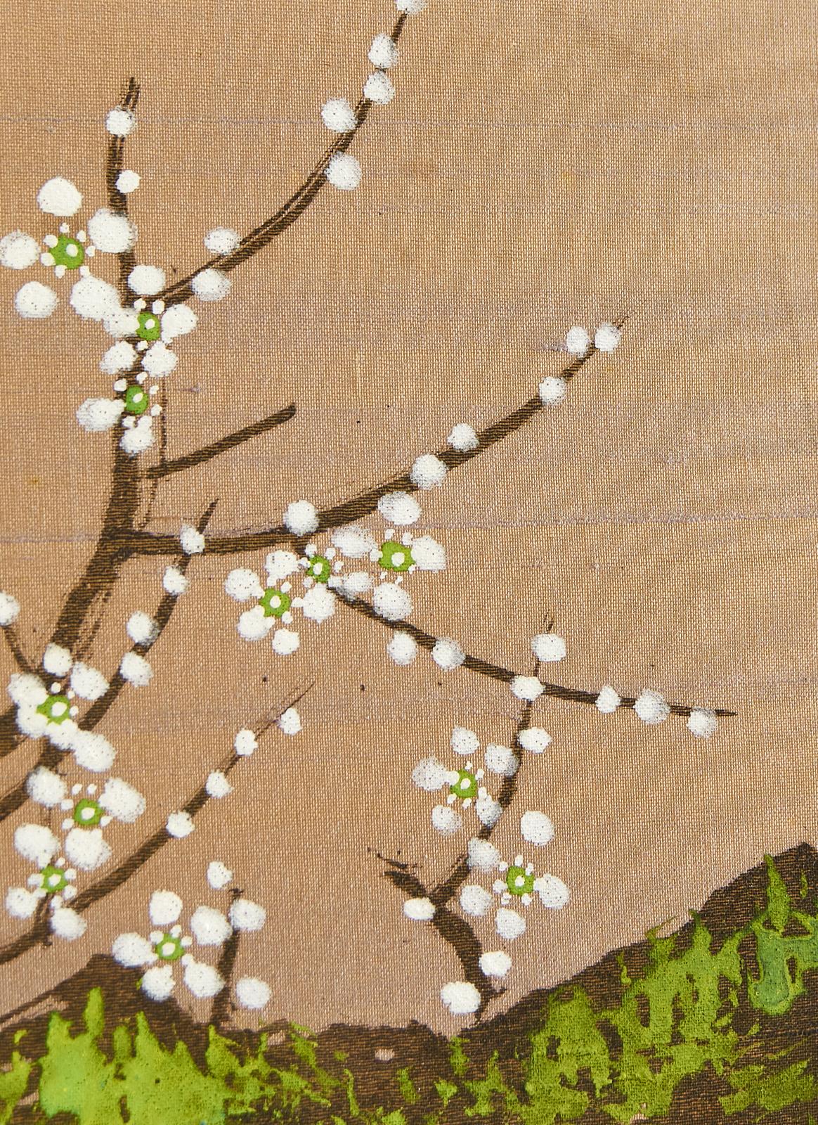 Japanese Showa Four Panel Screen Flowering Prunus Tree 4