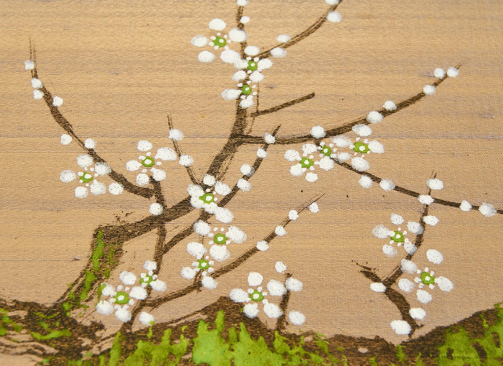 Japanese Showa Four Panel Screen Flowering Prunus Tree 11