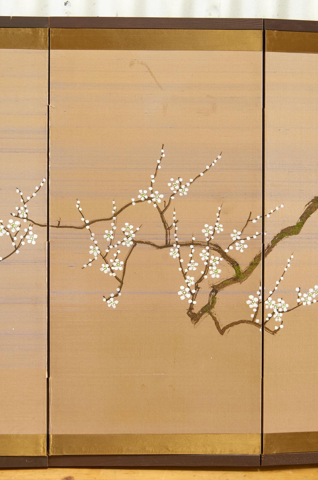 Japanese Showa Four Panel Screen Flowering Prunus Tree In Good Condition In Rio Vista, CA