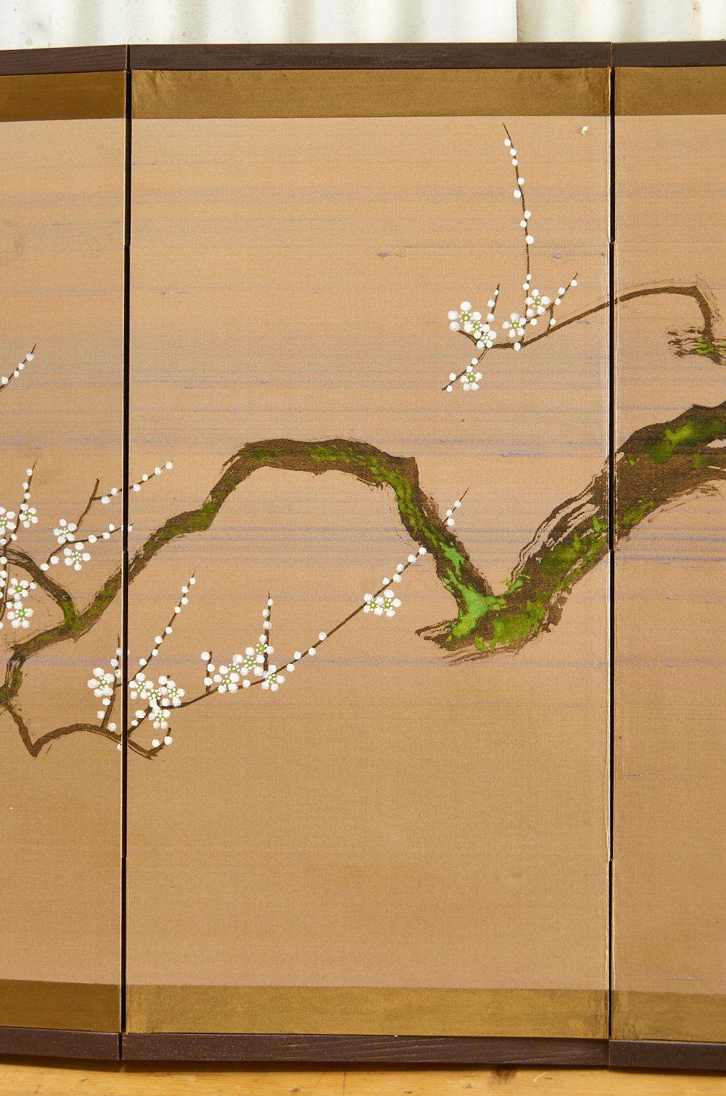 20th Century Japanese Showa Four Panel Screen Flowering Prunus Tree