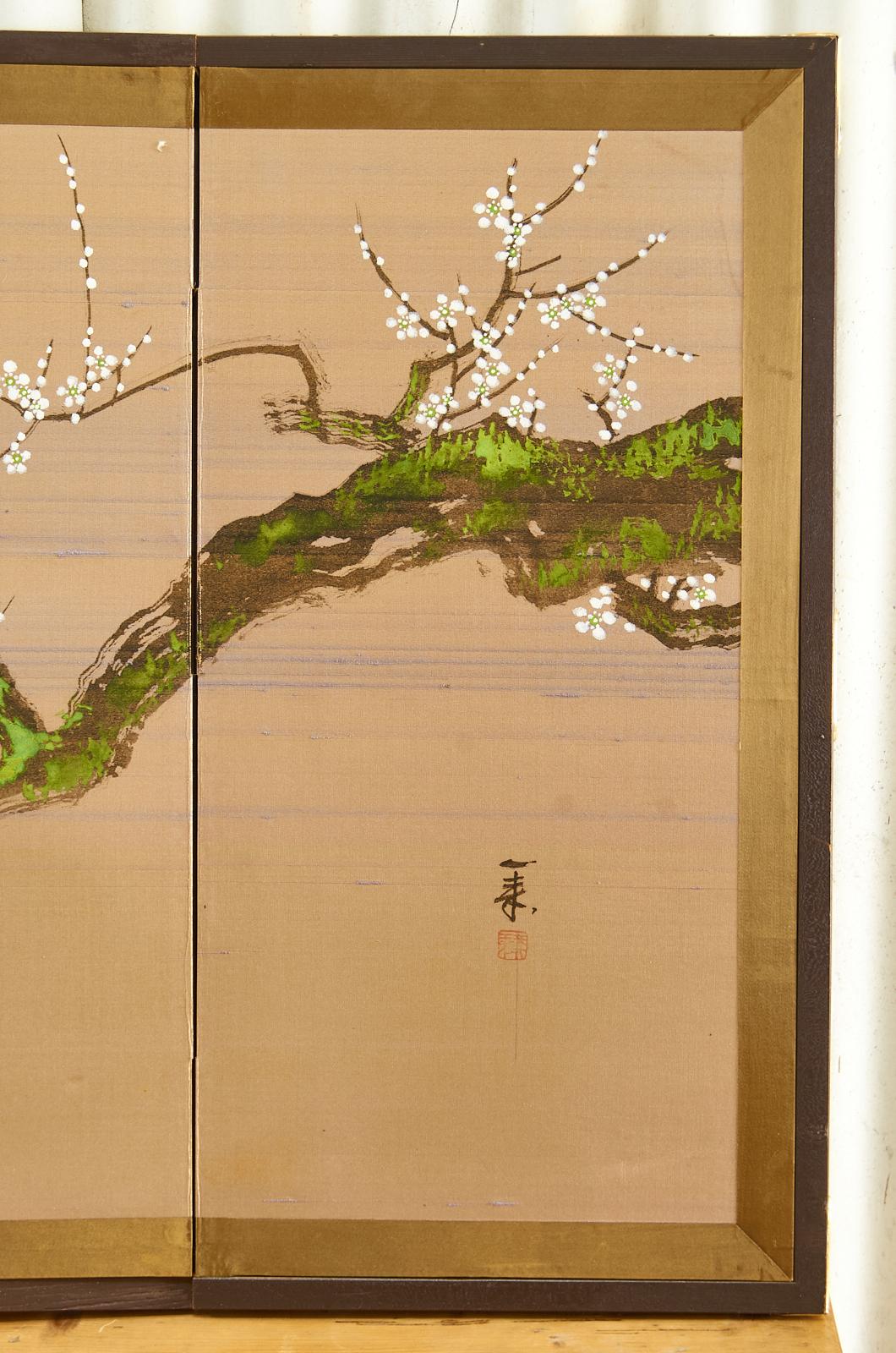 Silk Japanese Showa Four Panel Screen Flowering Prunus Tree