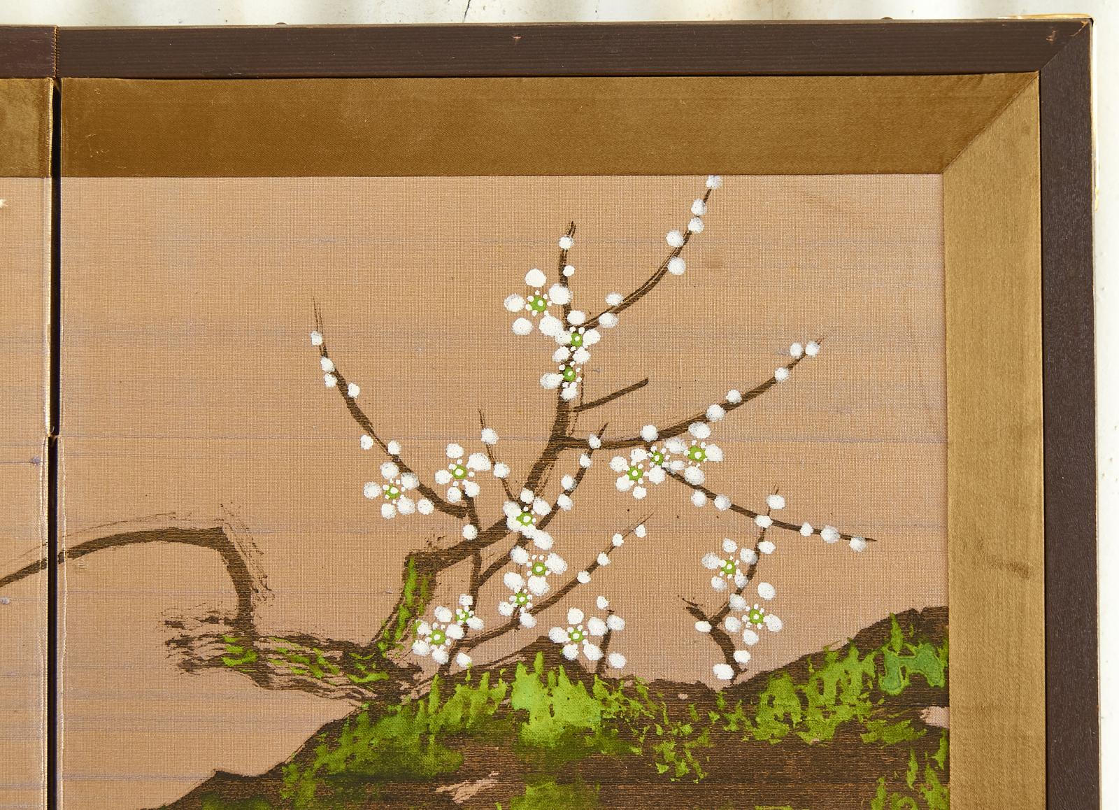 Japanese Showa Four Panel Screen Flowering Prunus Tree 1