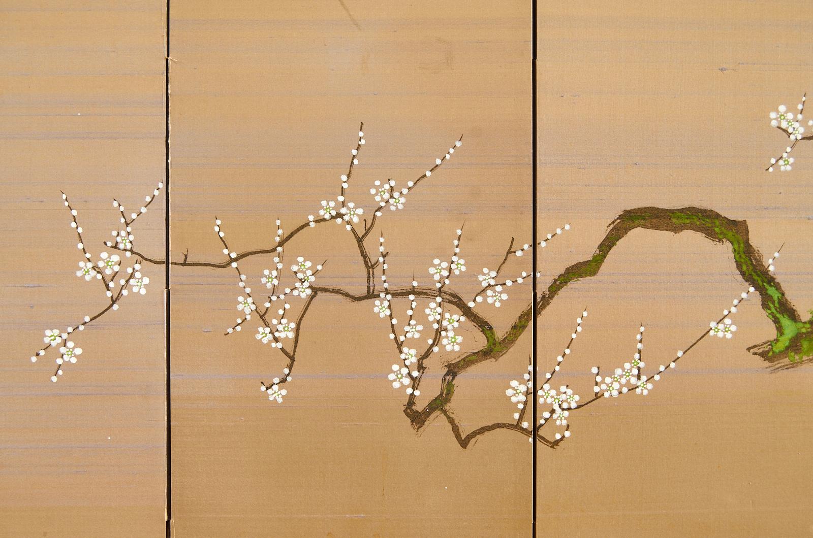 Japanese Showa Four Panel Screen Flowering Prunus Tree 2